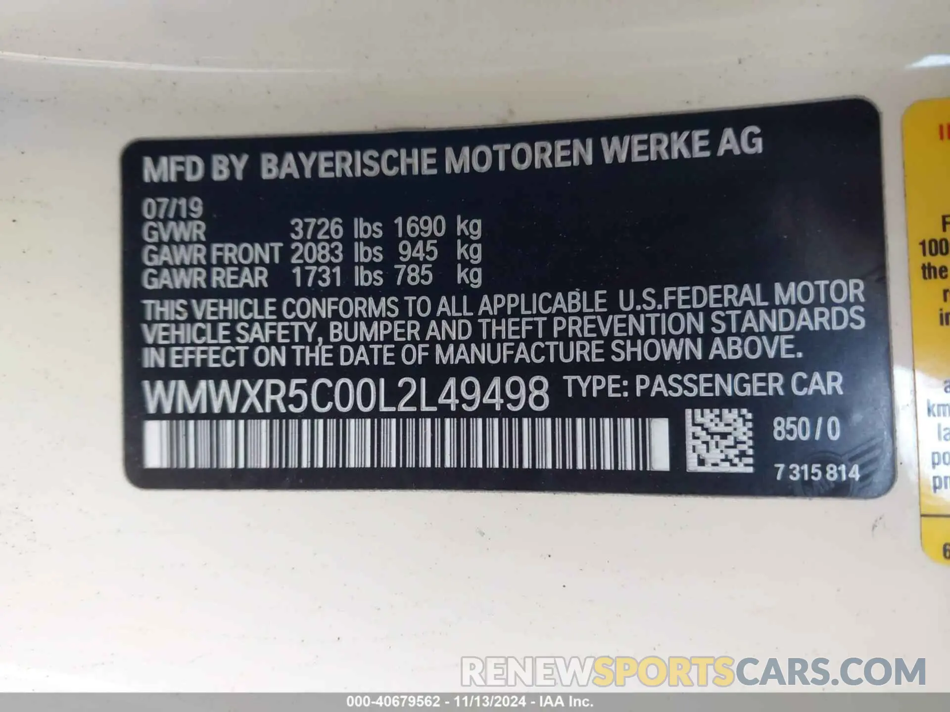9 Фотография поврежденного автомобиля WMWXR5C00L2L49498 MINI HARDTOP 2020