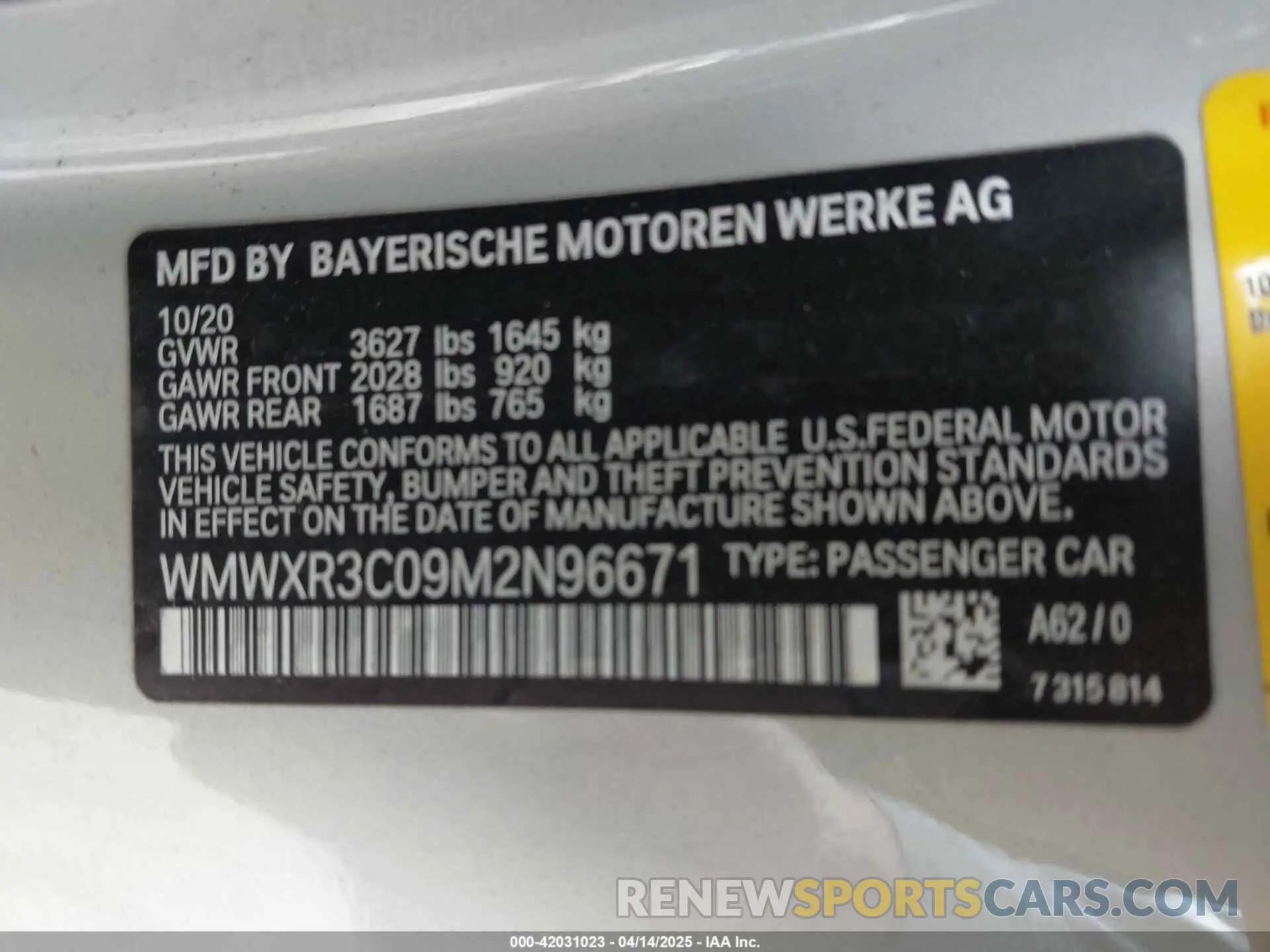 9 Фотография поврежденного автомобиля WMWXR3C09M2N96671 MINI HARDTOP 2021