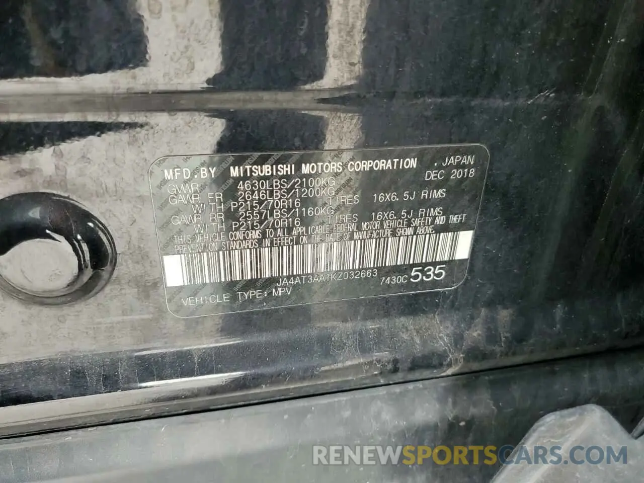 12 Photograph of a damaged car JA4AT3AA1KZ032663 MITSUBISHI ECLIPSE 2019
