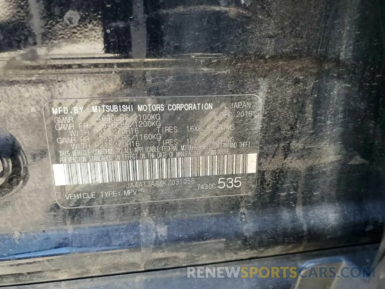 13 Photograph of a damaged car JA4AT3AA8KZ031056 MITSUBISHI ECLIPSE 2019