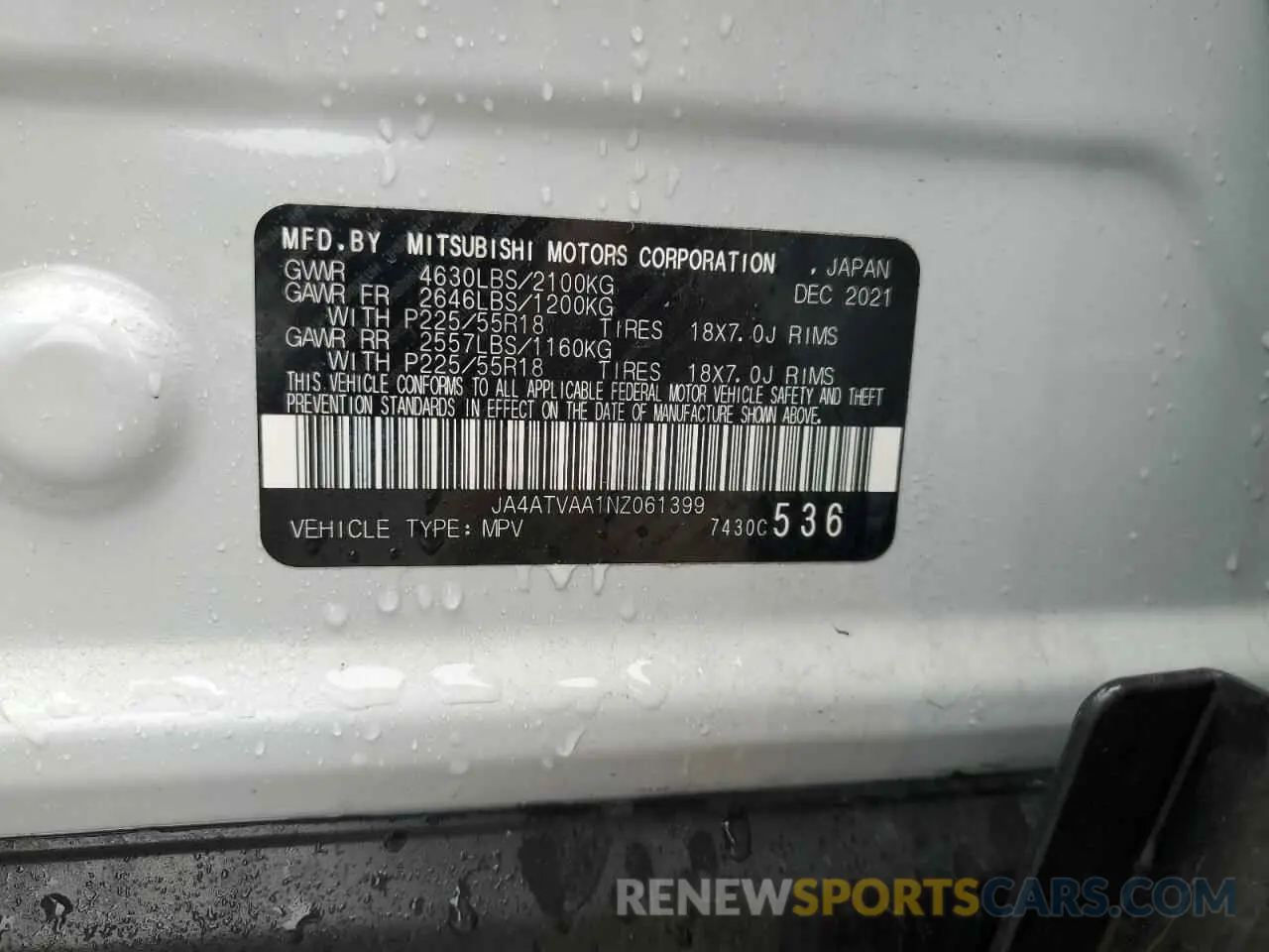 14 Photograph of a damaged car JA4ATVAA1NZ061399 MITSUBISHI ECLIPSE 2022