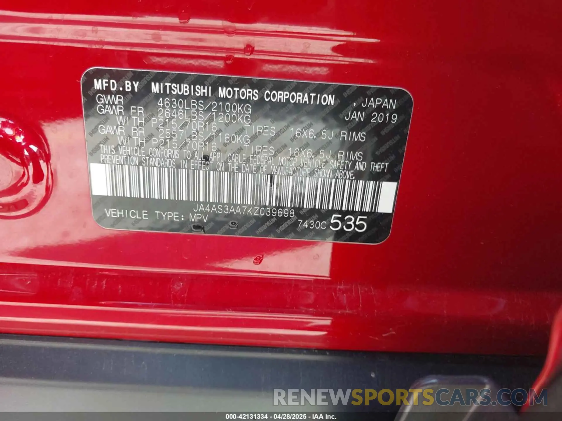 9 Фотография поврежденного автомобиля JA4AS3AA7KZ039698 MITSUBISHI ECLIPSE CROSS 2019