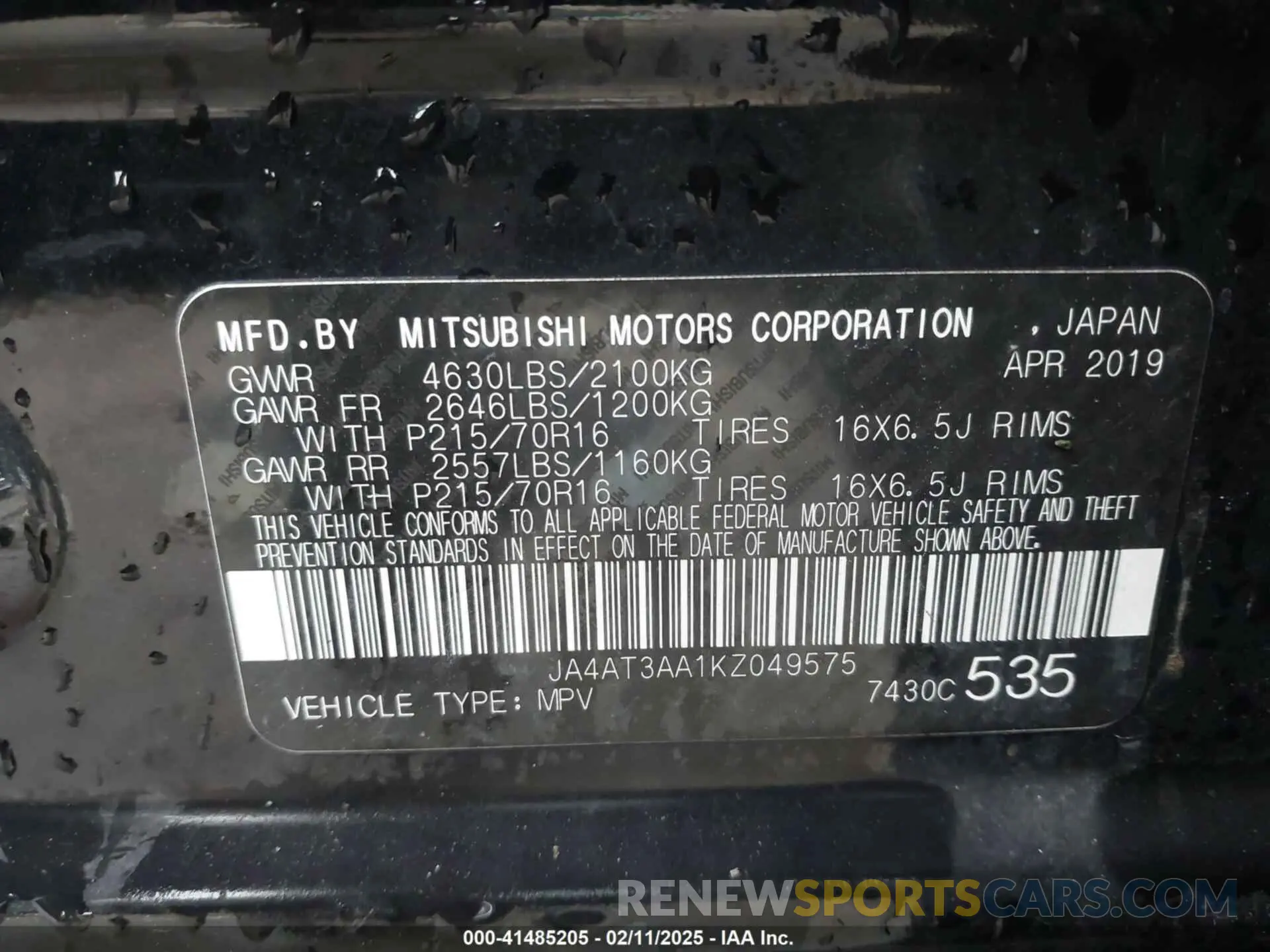 9 Photograph of a damaged car JA4AT3AA1KZ049575 MITSUBISHI ECLIPSE CROSS 2019
