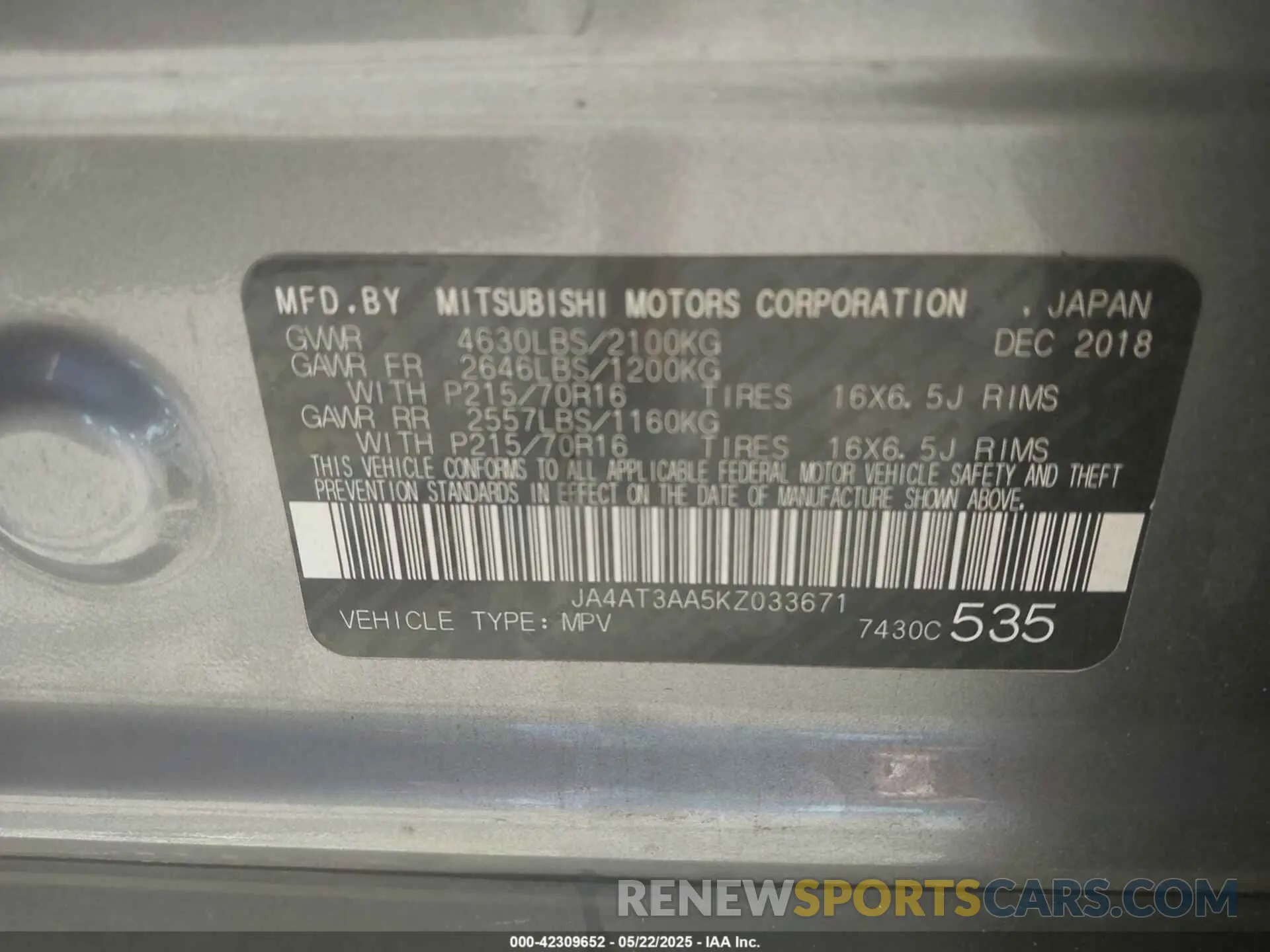 9 Photograph of a damaged car JA4AT3AA5KZ033671 MITSUBISHI ECLIPSE CROSS 2019