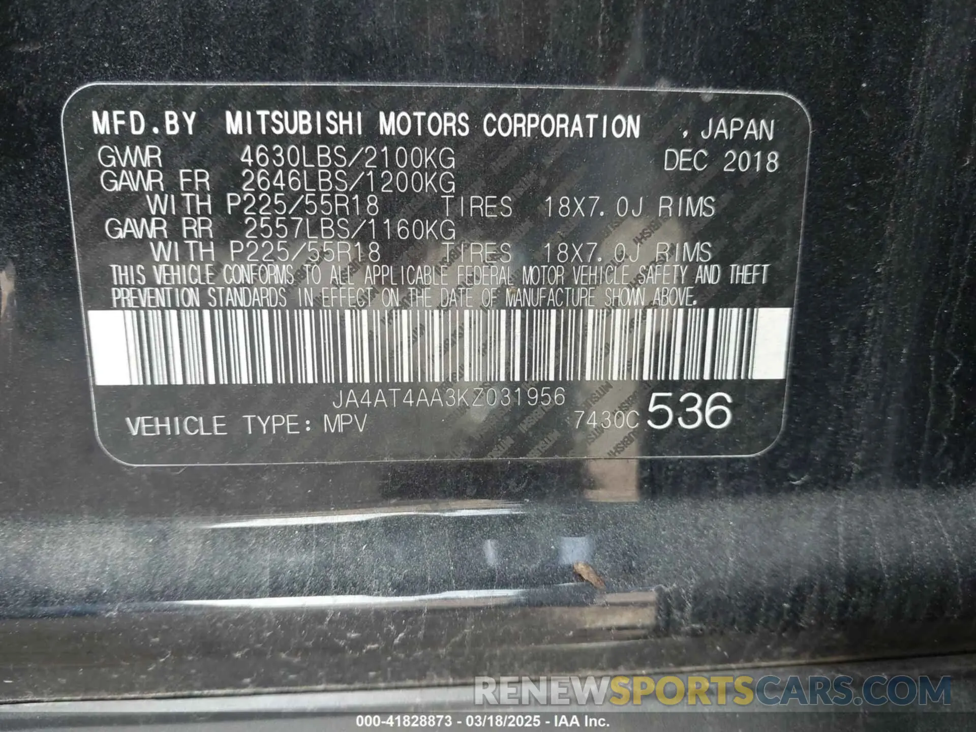 9 Photograph of a damaged car JA4AT4AA3KZ031956 MITSUBISHI ECLIPSE CROSS 2019