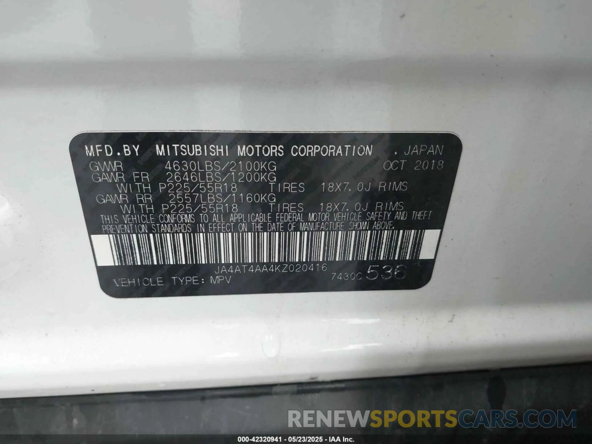 9 Photograph of a damaged car JA4AT4AA4KZ020416 MITSUBISHI ECLIPSE CROSS 2019