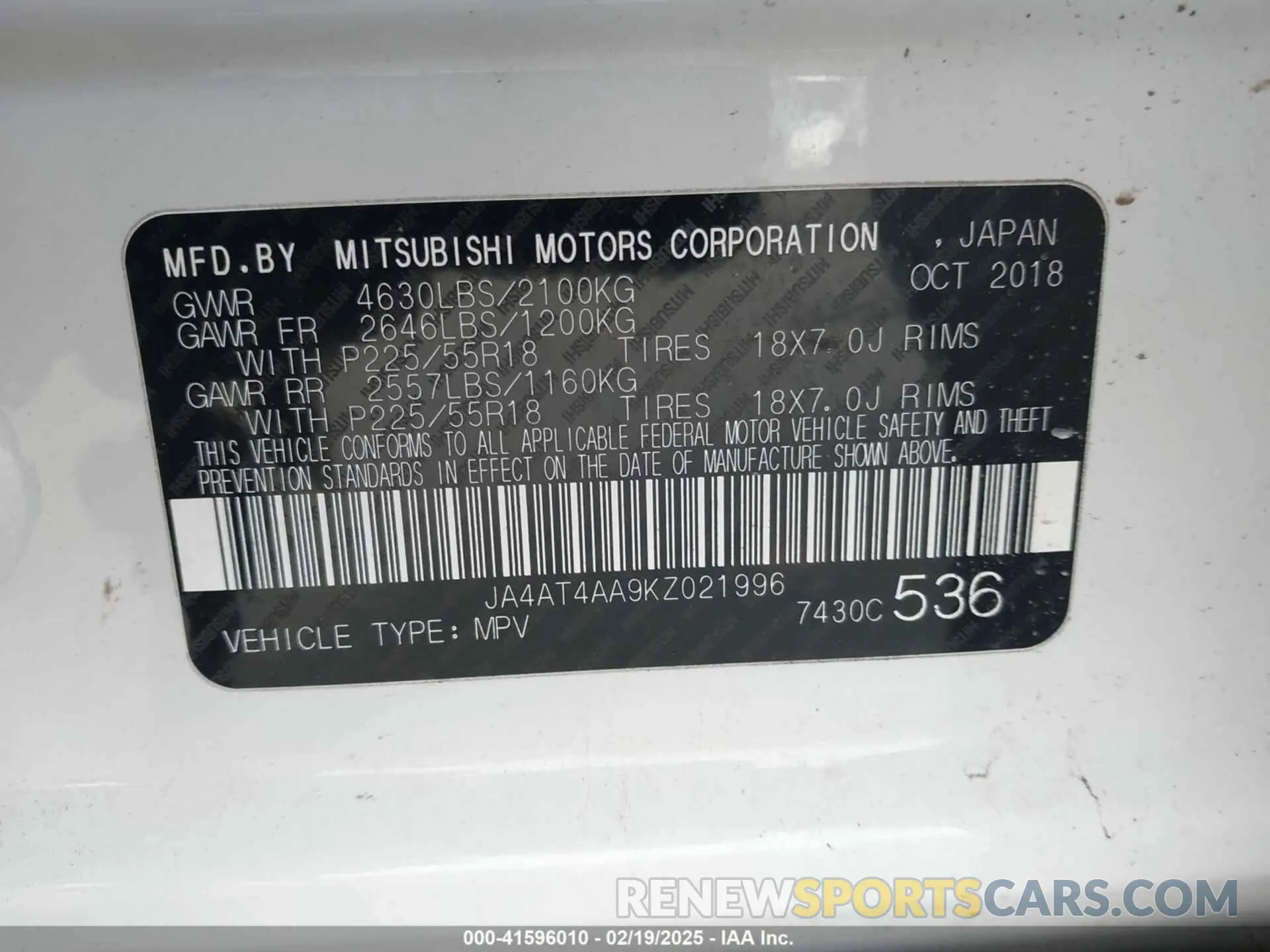 9 Фотография поврежденного автомобиля JA4AT4AA9KZ021996 MITSUBISHI ECLIPSE CROSS 2019
