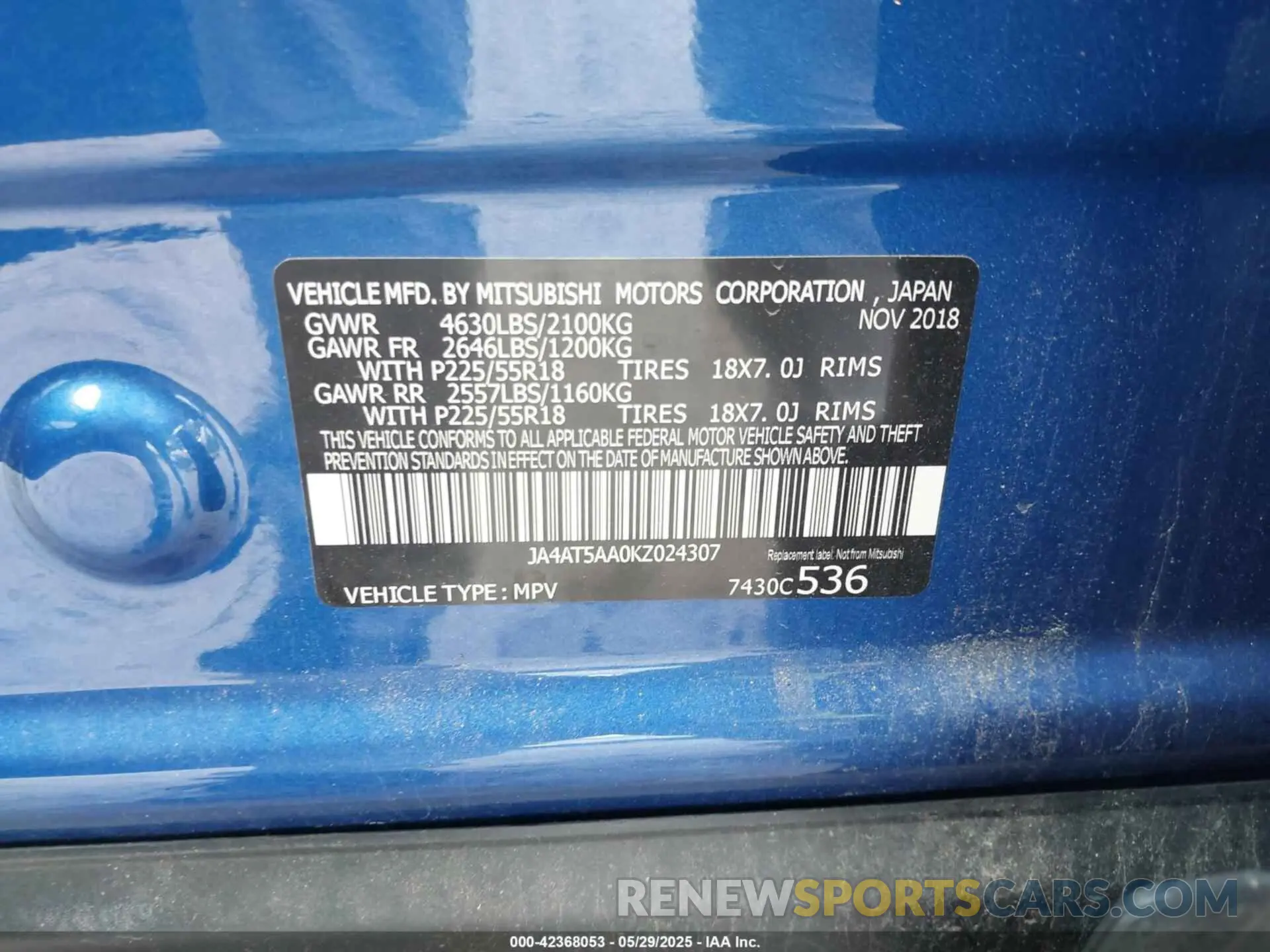 9 Photograph of a damaged car JA4AT5AA0KZ024307 MITSUBISHI ECLIPSE CROSS 2019