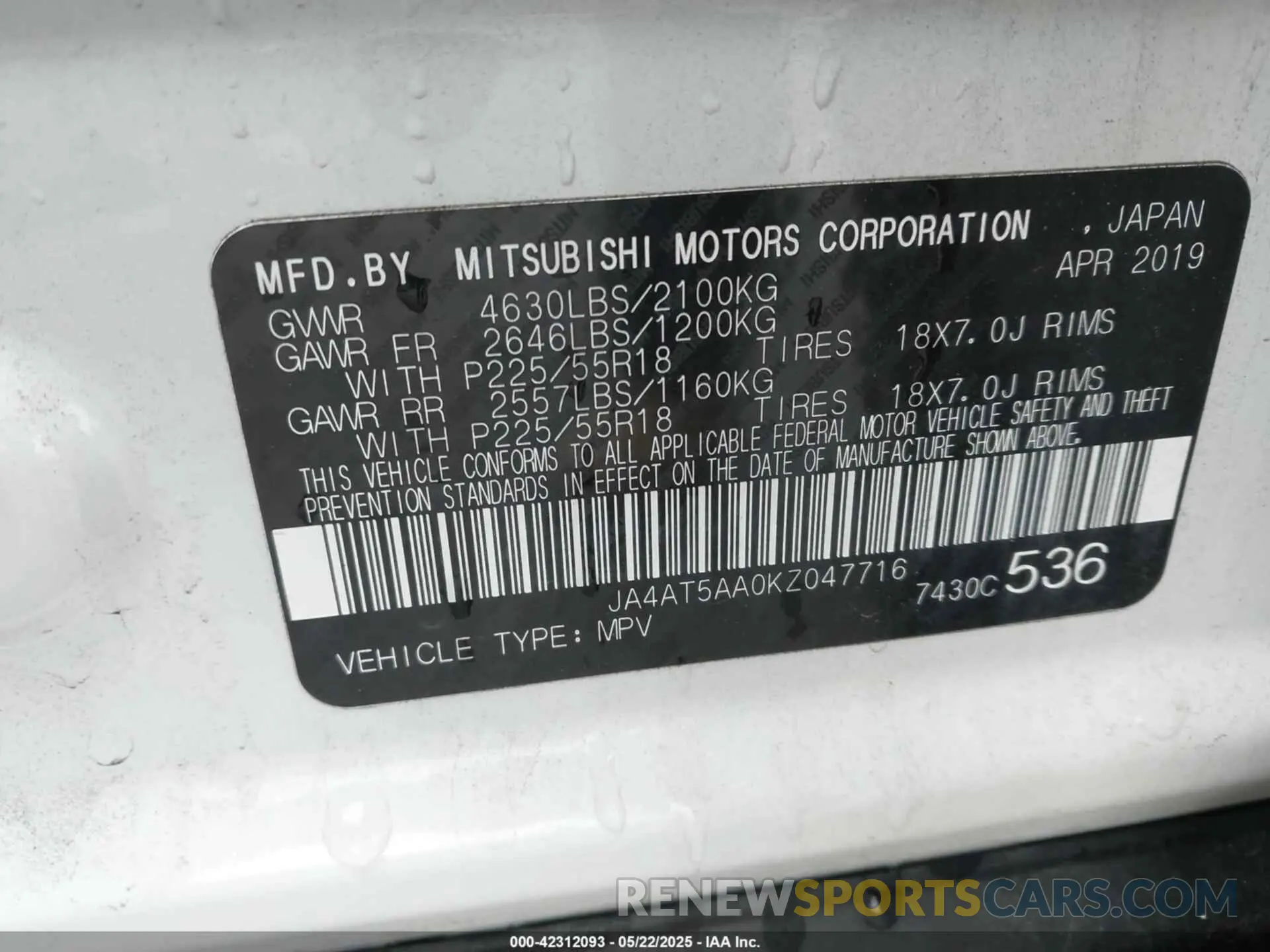 9 Photograph of a damaged car JA4AT5AA0KZ047716 MITSUBISHI ECLIPSE CROSS 2019