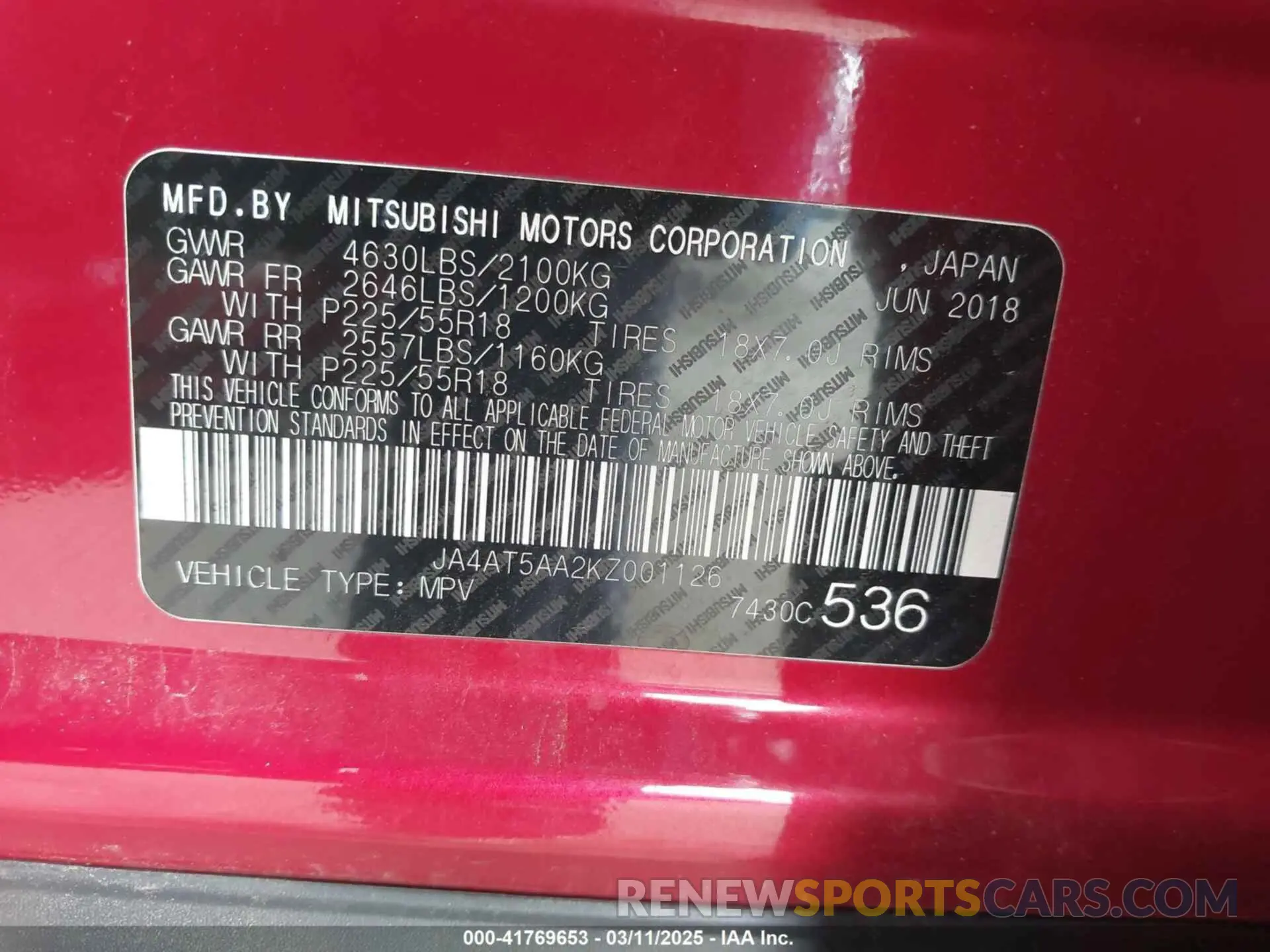 9 Photograph of a damaged car JA4AT5AA2KZ001126 MITSUBISHI ECLIPSE CROSS 2019