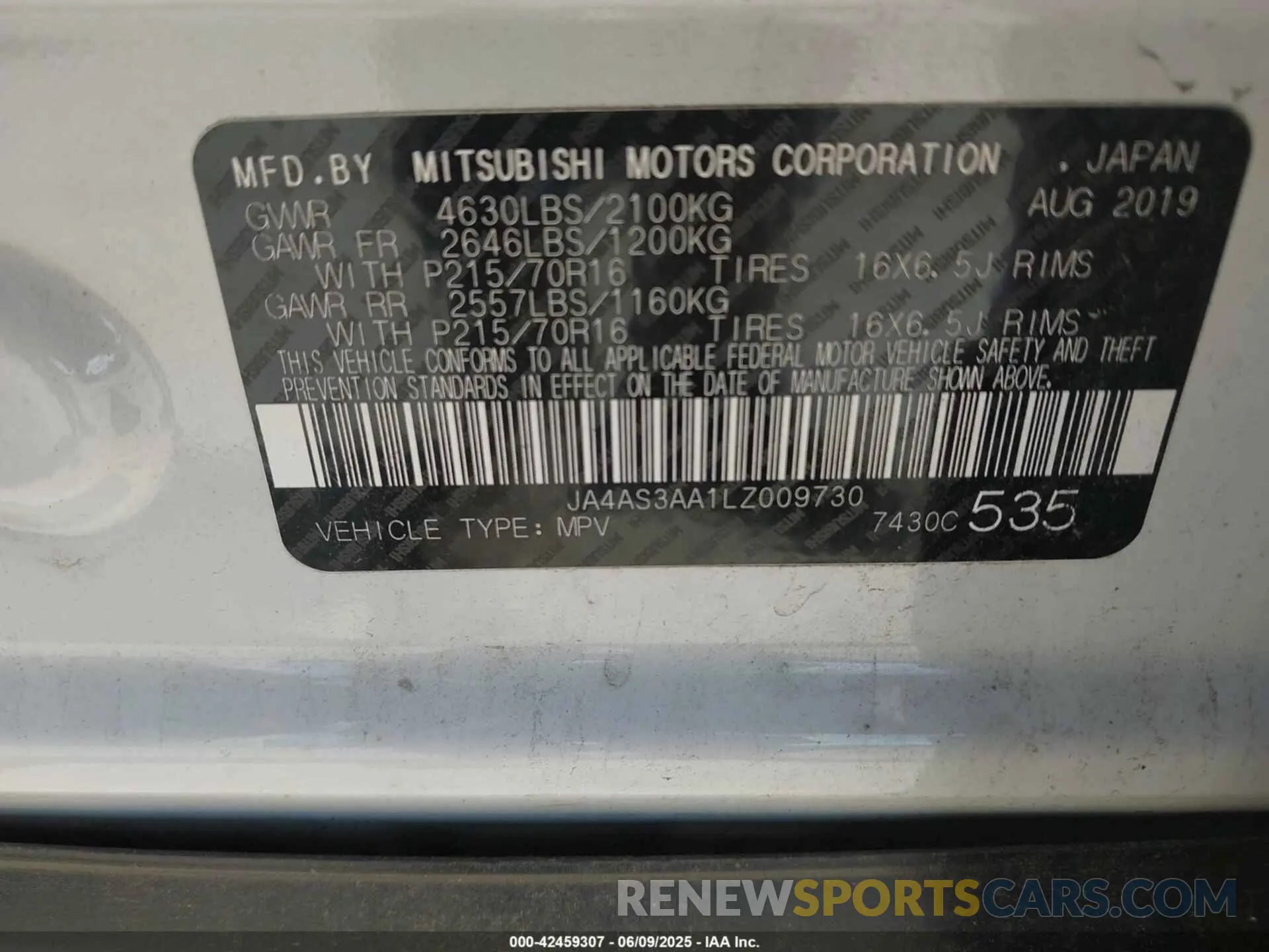 9 Фотография поврежденного автомобиля JA4AS3AA1LZ009730 MITSUBISHI ECLIPSE CROSS 2020