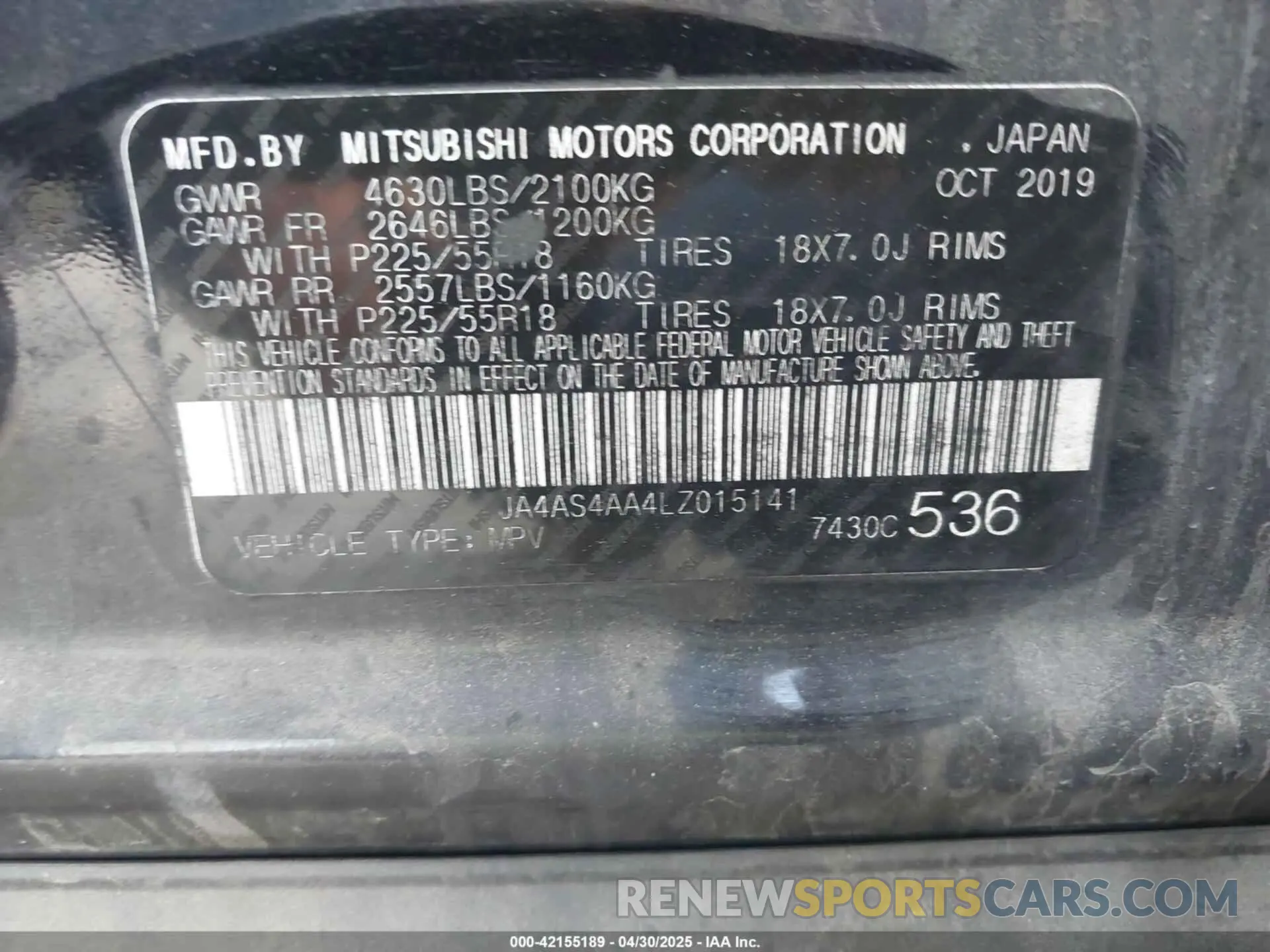 9 Photograph of a damaged car JA4AS4AA4LZ015141 MITSUBISHI ECLIPSE CROSS 2020