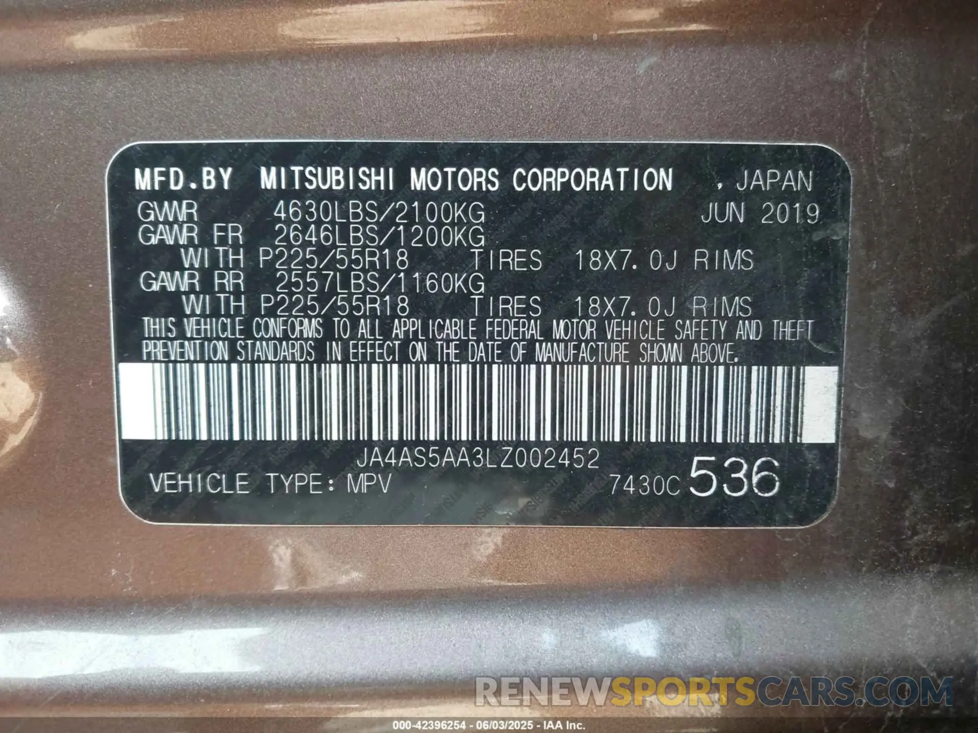9 Photograph of a damaged car JA4AS5AA3LZ002452 MITSUBISHI ECLIPSE CROSS 2020