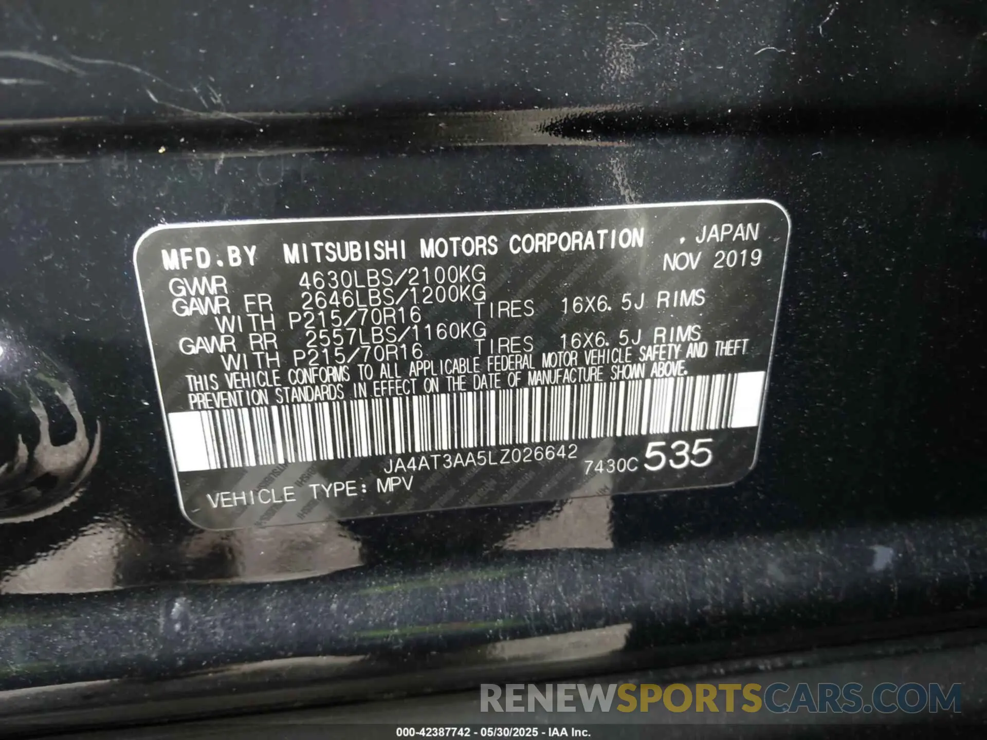 9 Photograph of a damaged car JA4AT3AA5LZ026642 MITSUBISHI ECLIPSE CROSS 2020