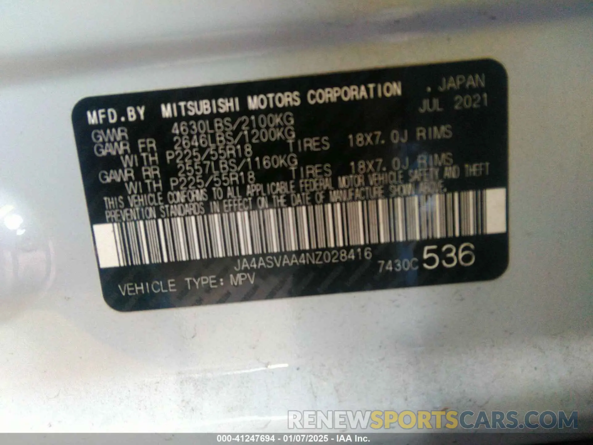 9 Photograph of a damaged car JA4ASVAA4NZ028416 MITSUBISHI ECLIPSE CROSS 2022