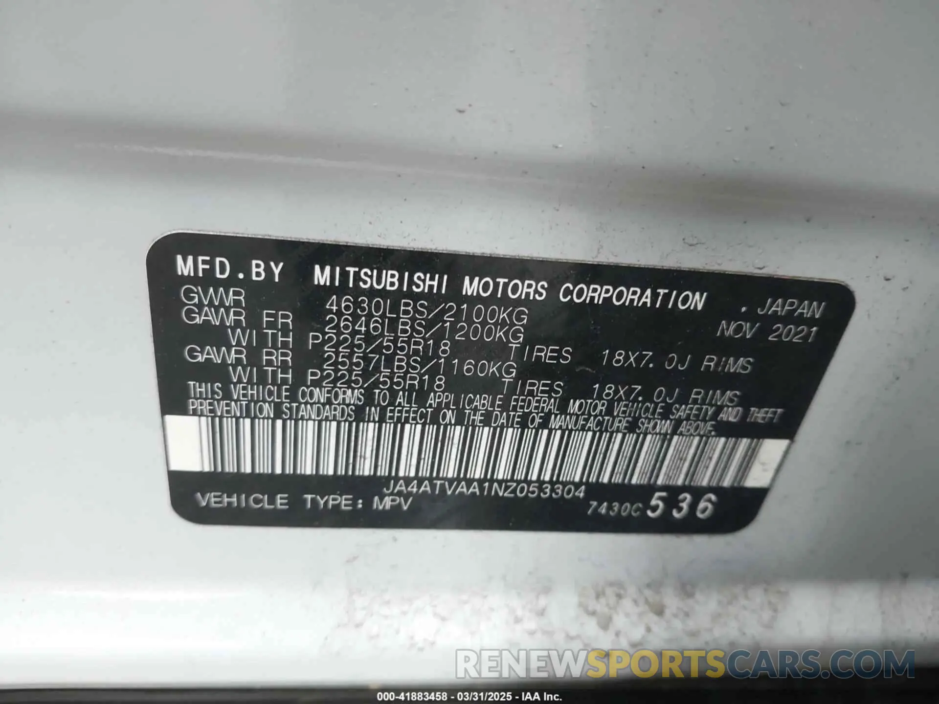 9 Photograph of a damaged car JA4ATVAA1NZ053304 MITSUBISHI ECLIPSE CROSS 2022