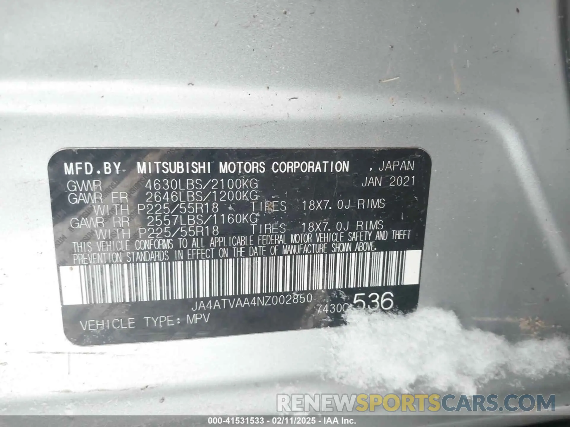 9 Photograph of a damaged car JA4ATVAA4NZ002850 MITSUBISHI ECLIPSE CROSS 2022