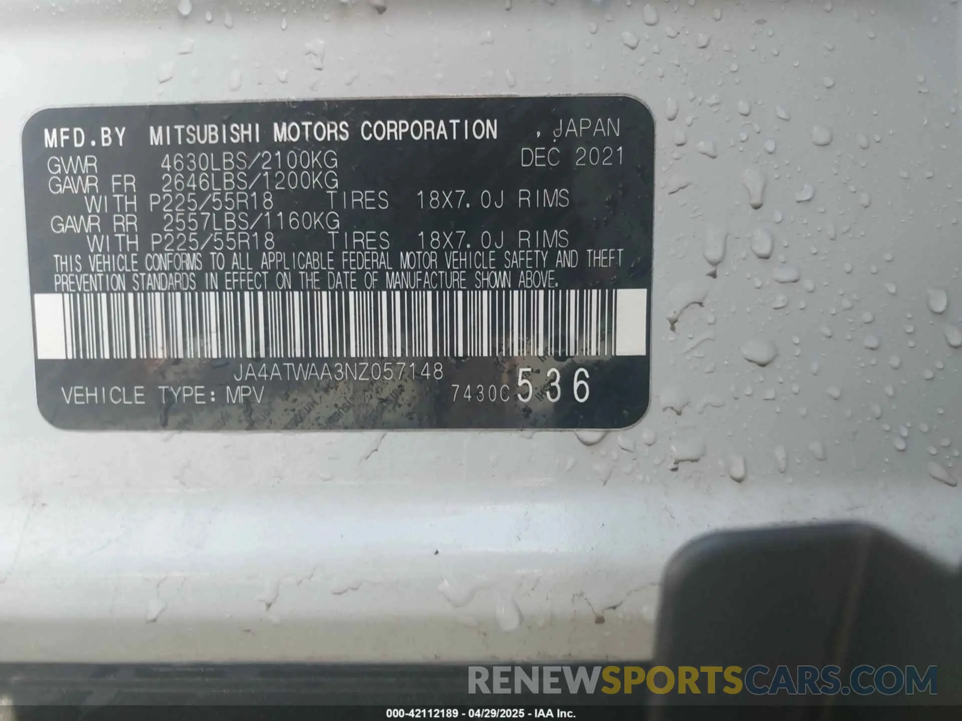 9 Photograph of a damaged car JA4ATWAA3NZ057148 MITSUBISHI ECLIPSE CROSS 2022
