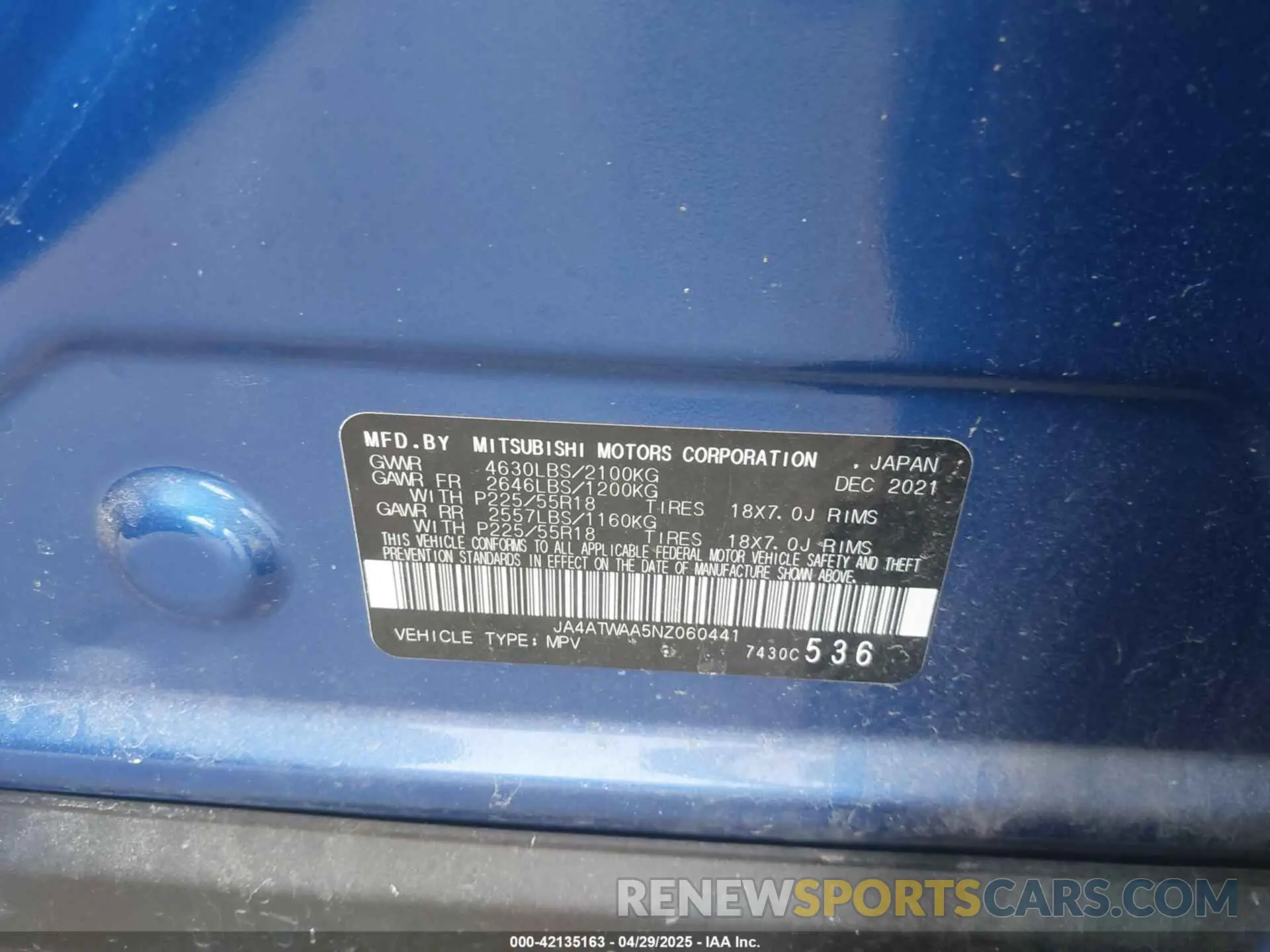9 Photograph of a damaged car JA4ATWAA5NZ060441 MITSUBISHI ECLIPSE CROSS 2022