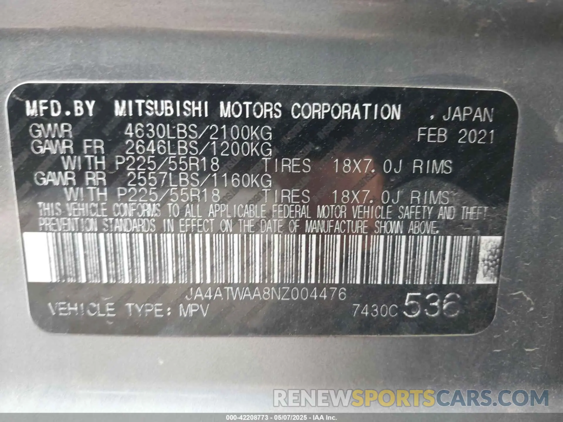 9 Photograph of a damaged car JA4ATWAA8NZ004476 MITSUBISHI ECLIPSE CROSS 2022