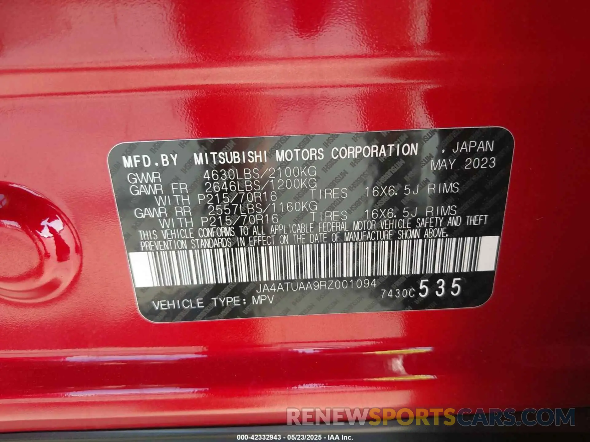9 Photograph of a damaged car JA4ATUAA9RZ001094 MITSUBISHI ECLIPSE CROSS 2024