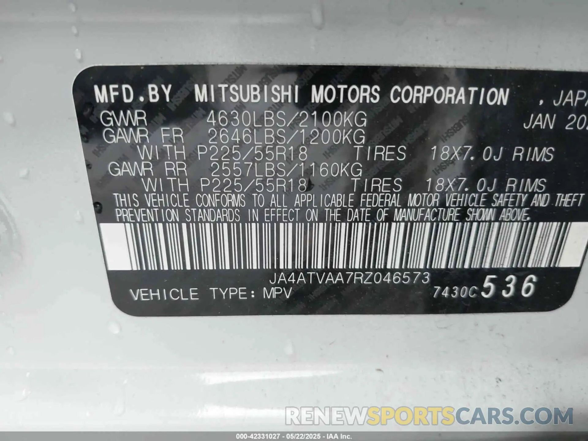 9 Фотография поврежденного автомобиля JA4ATVAA7RZ046573 MITSUBISHI ECLIPSE CROSS 2024