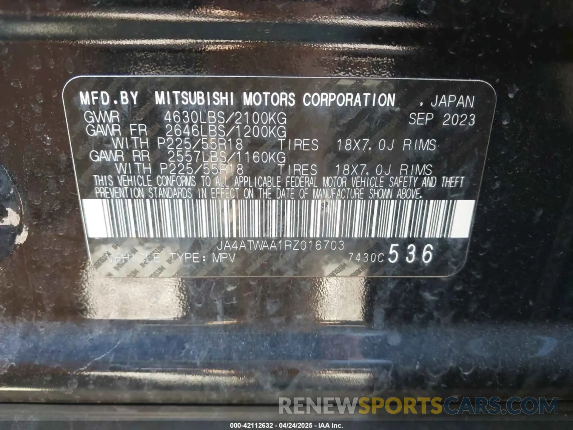 9 Photograph of a damaged car JA4ATWAA1RZ016703 MITSUBISHI ECLIPSE CROSS 2024