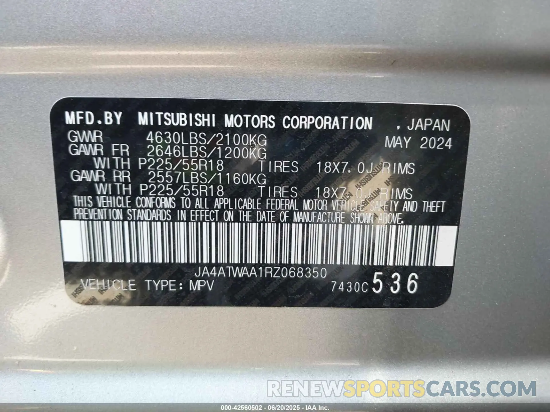 9 Photograph of a damaged car JA4ATWAA1RZ068350 MITSUBISHI ECLIPSE CROSS 2024