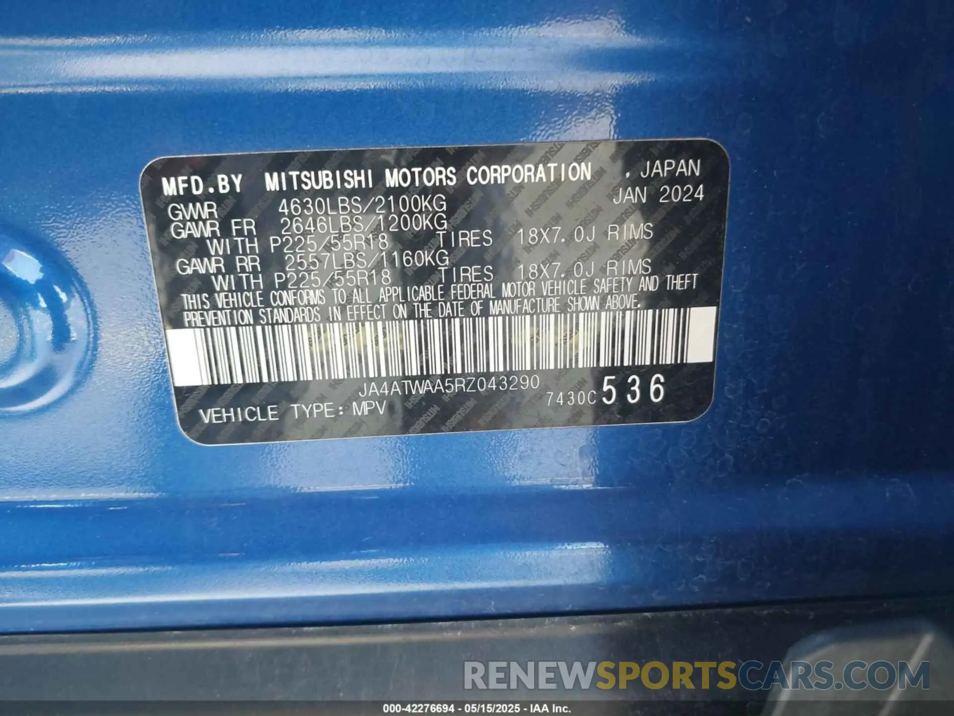 9 Photograph of a damaged car JA4ATWAA5RZ043290 MITSUBISHI ECLIPSE CROSS 2024
