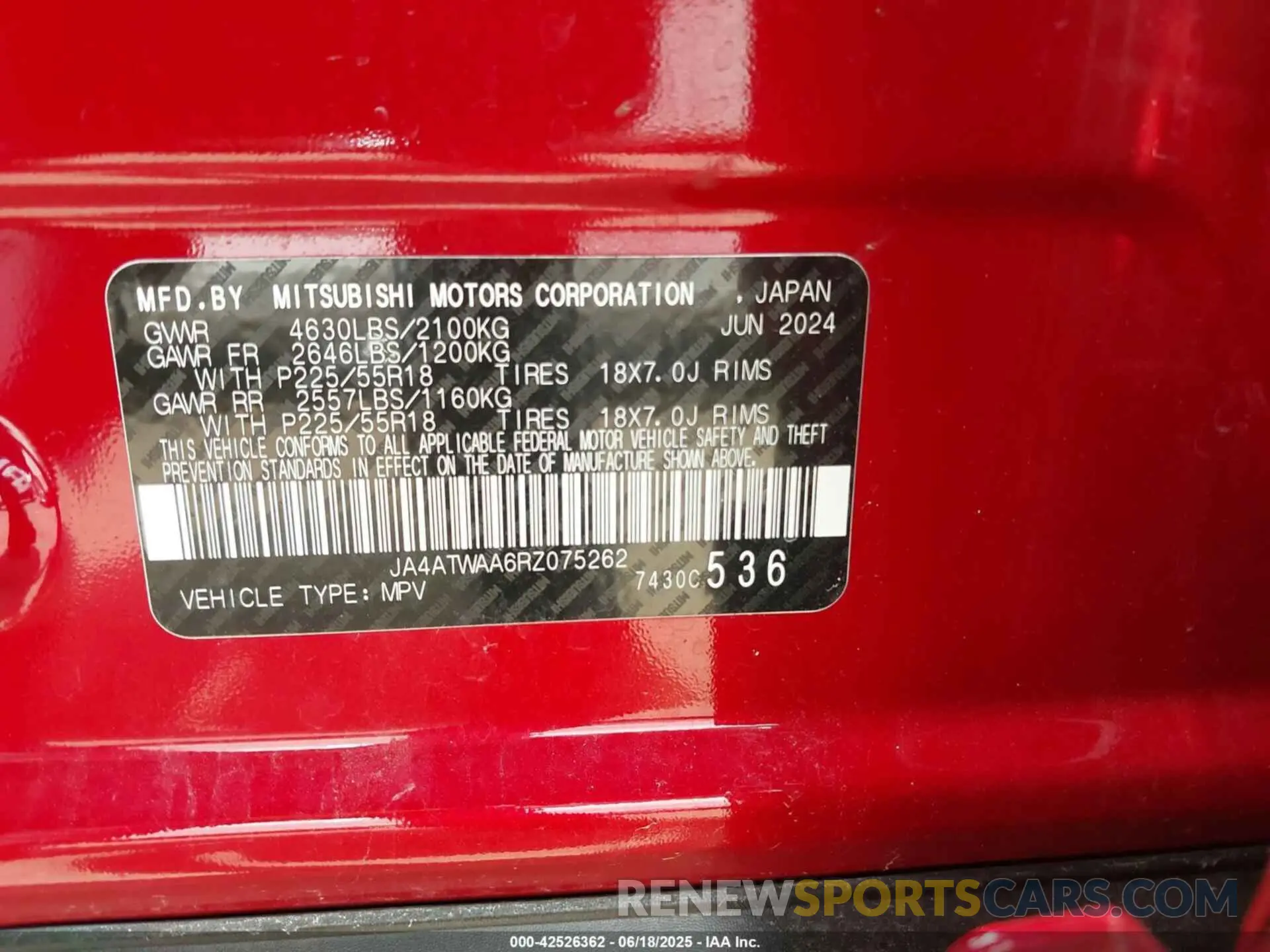 9 Photograph of a damaged car JA4ATWAA6RZ075262 MITSUBISHI ECLIPSE CROSS 2024