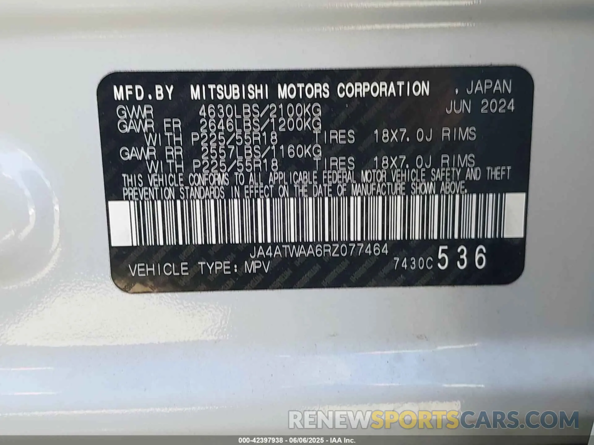9 Photograph of a damaged car JA4ATWAA6RZ077464 MITSUBISHI ECLIPSE CROSS 2024
