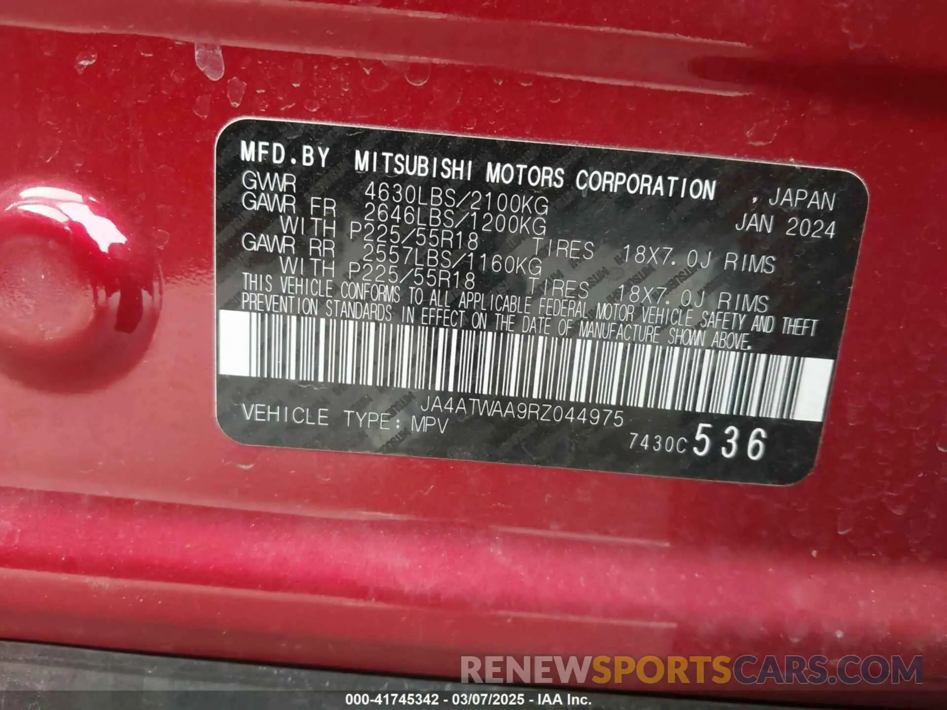 9 Photograph of a damaged car JA4ATWAA9RZ044975 MITSUBISHI ECLIPSE CROSS 2024