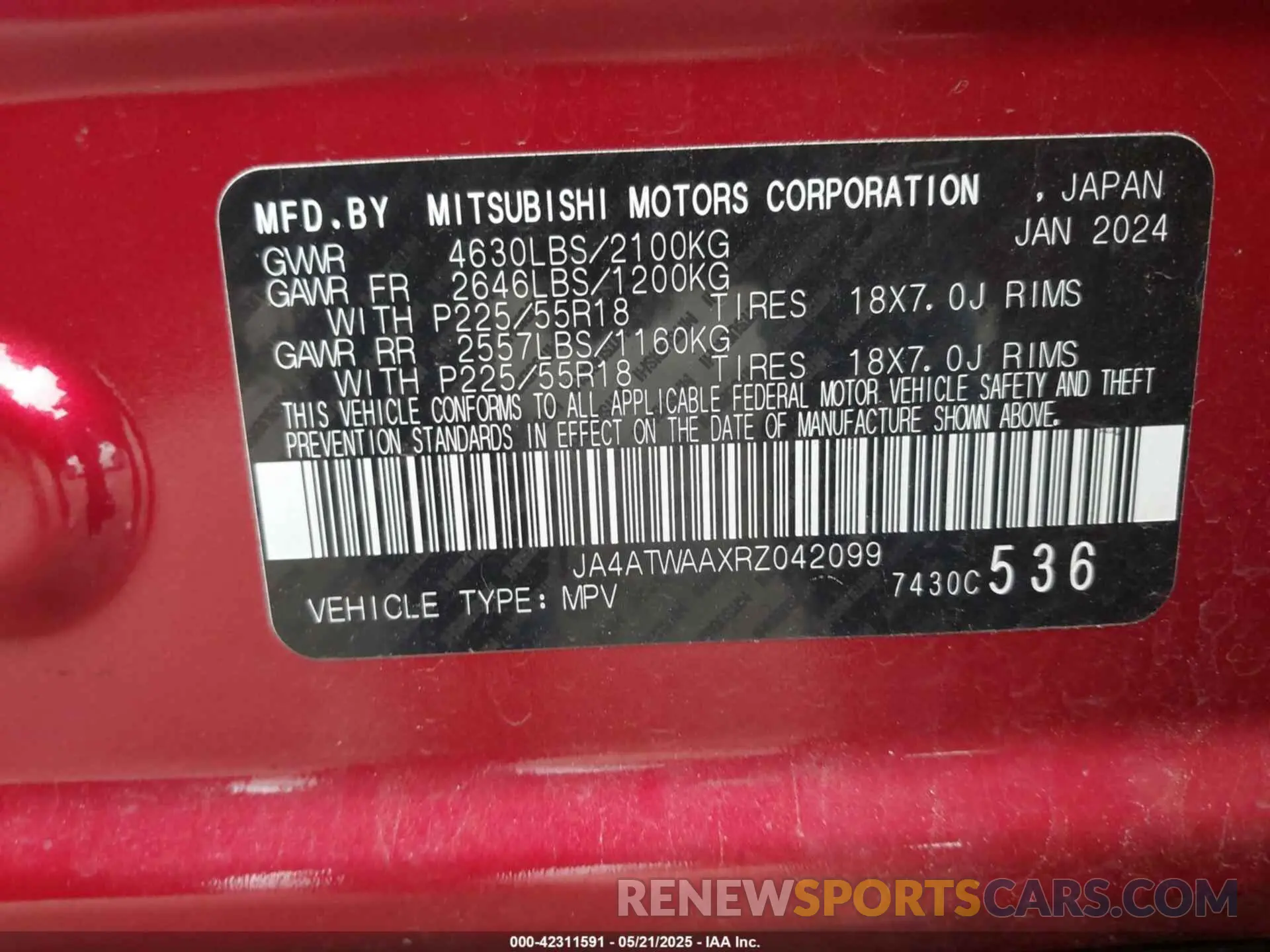 9 Photograph of a damaged car JA4ATWAAXRZ042099 MITSUBISHI ECLIPSE CROSS 2024