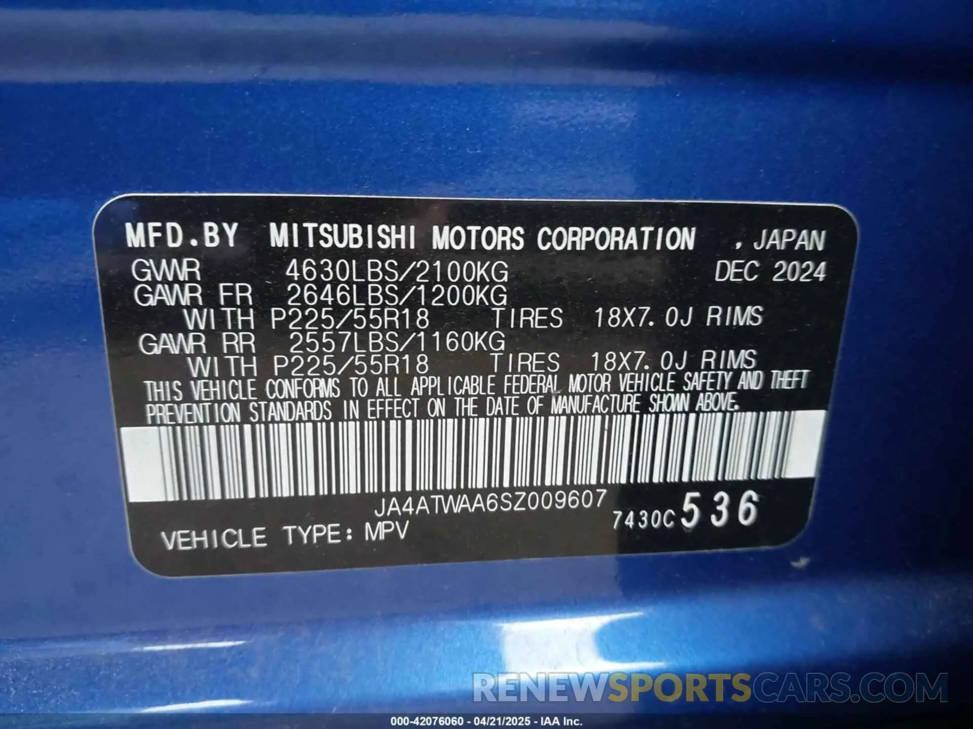 9 Photograph of a damaged car JA4ATWAA6SZ009607 MITSUBISHI ECLIPSE CROSS 2025