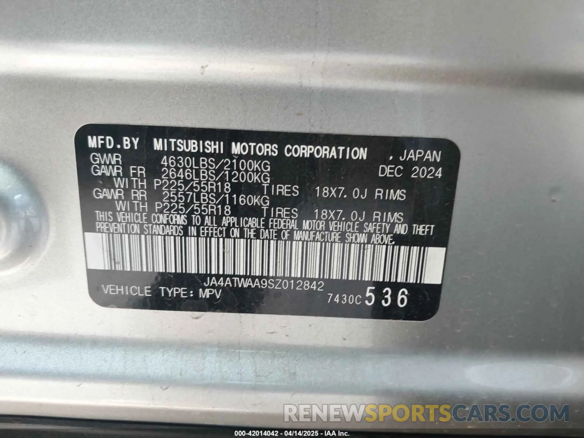 9 Photograph of a damaged car JA4ATWAA9SZ012842 MITSUBISHI ECLIPSE CROSS 2025