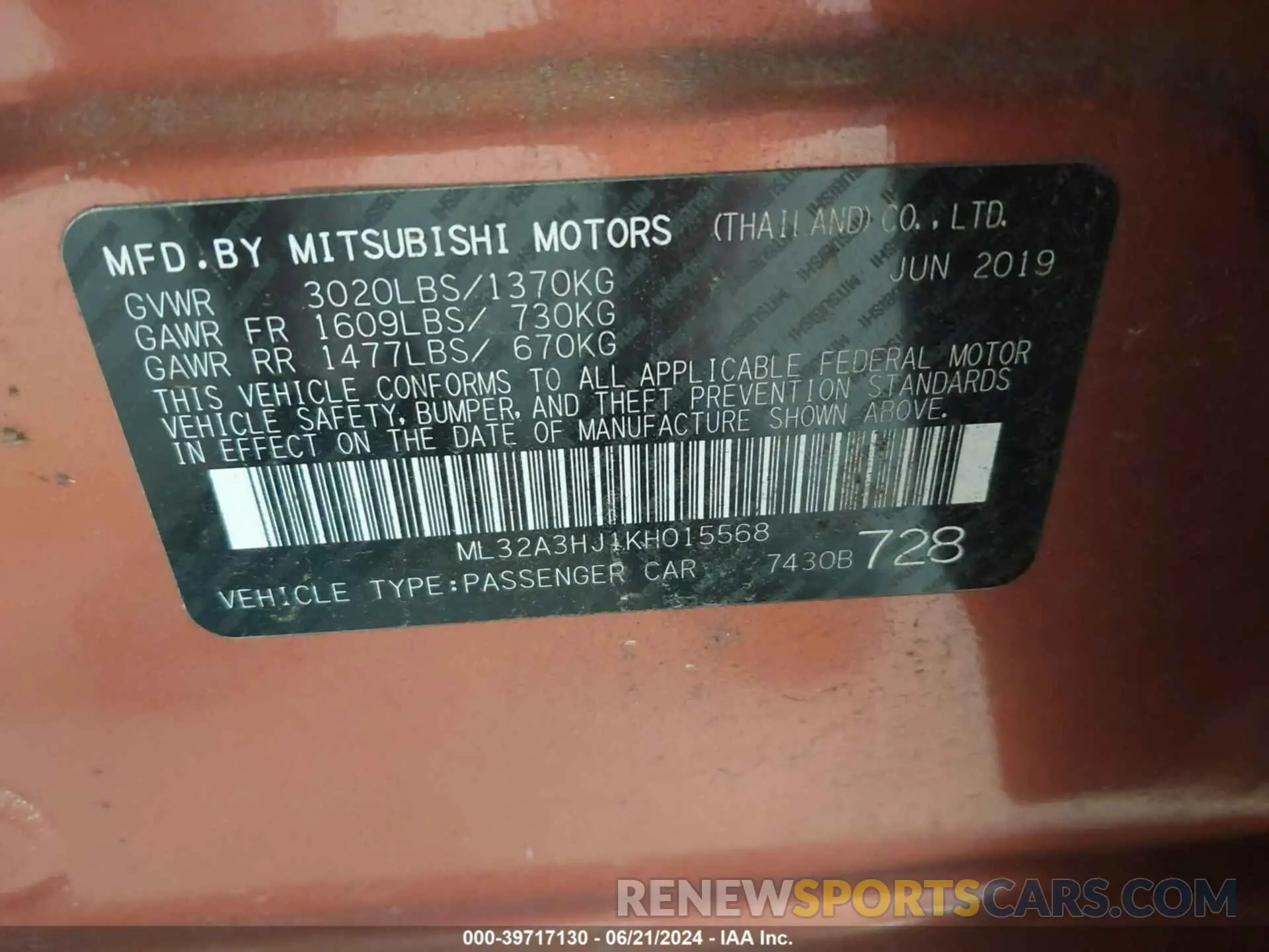 9 Фотография поврежденного автомобиля ML32A3HJ1KH015568 MITSUBISHI MIRAGE 2019