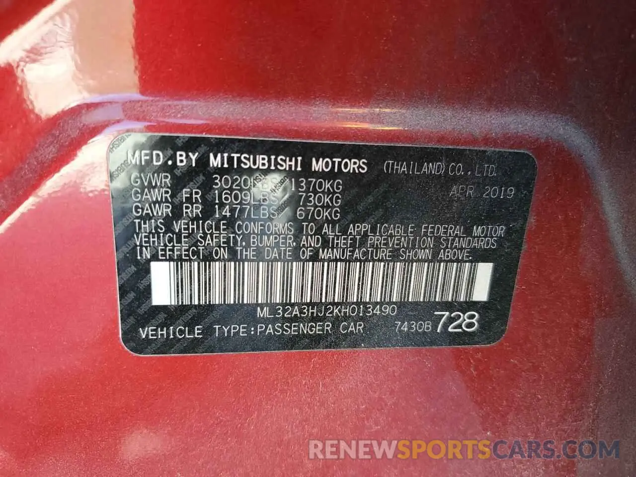 12 Photograph of a damaged car ML32A3HJ2KH013490 MITSUBISHI MIRAGE 2019