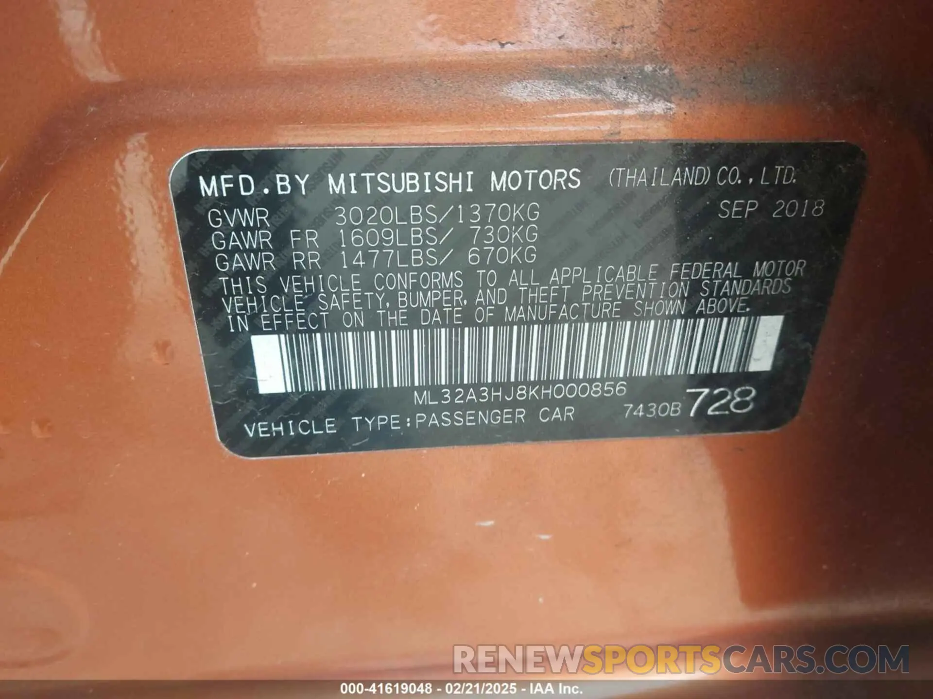9 Photograph of a damaged car ML32A3HJ8KH000856 MITSUBISHI MIRAGE 2019