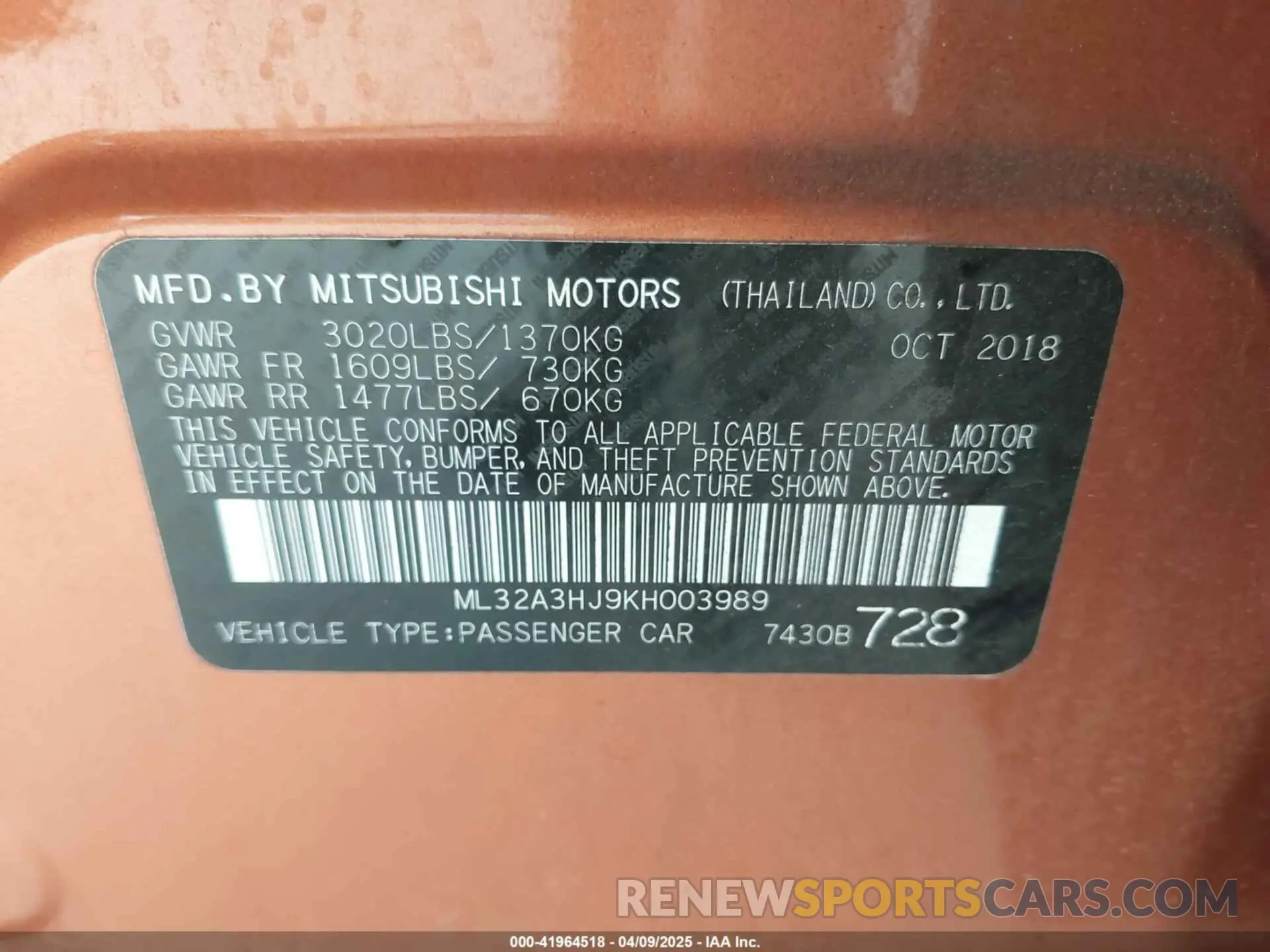 9 Фотография поврежденного автомобиля ML32A3HJ9KH003989 MITSUBISHI MIRAGE 2019