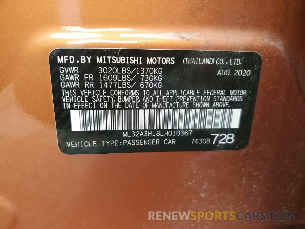13 Photograph of a damaged car ML32A3HJ8LH010367 MITSUBISHI MIRAGE 2020