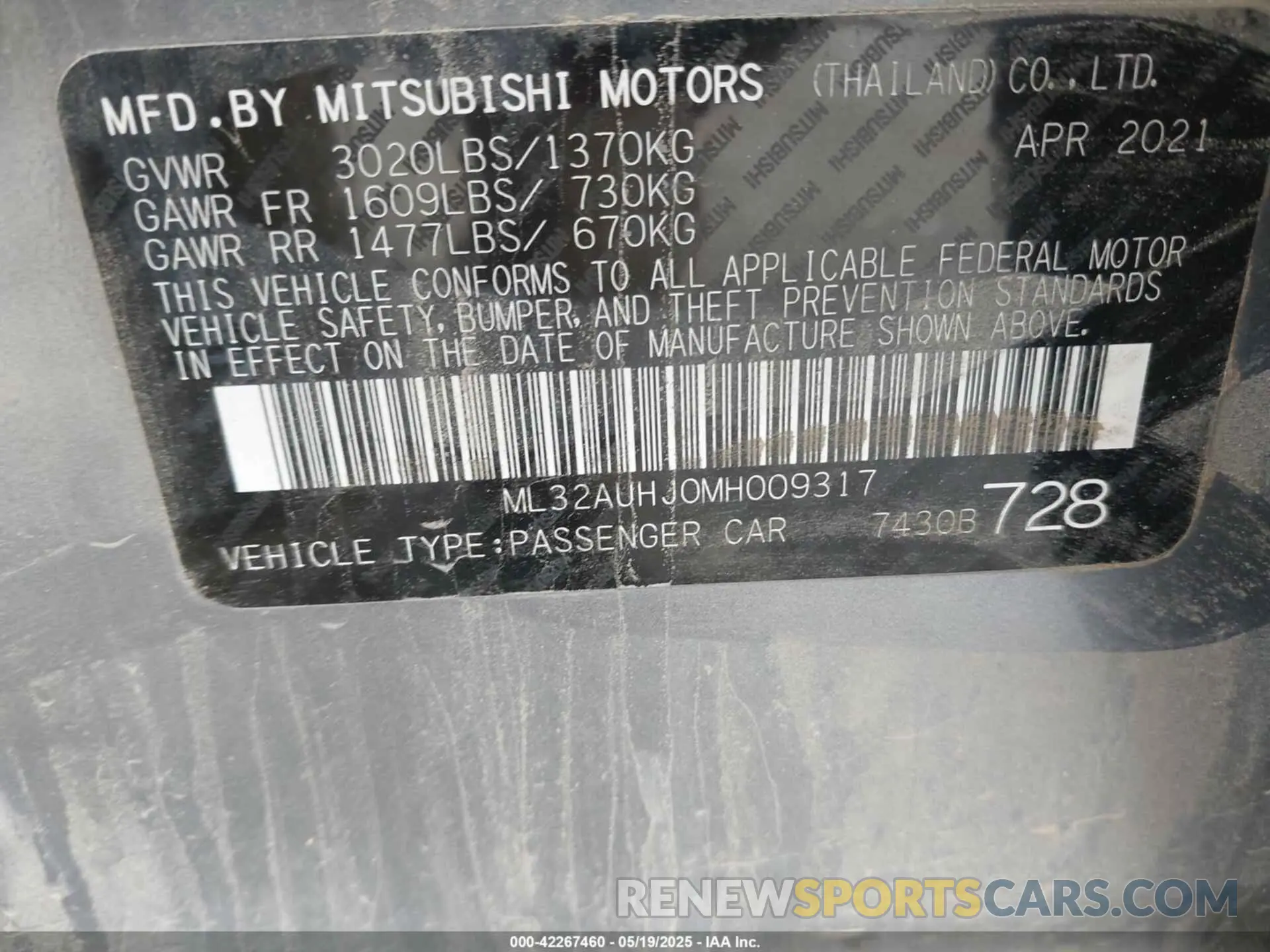 9 Photograph of a damaged car ML32AUHJ0MH009317 MITSUBISHI MIRAGE 2021