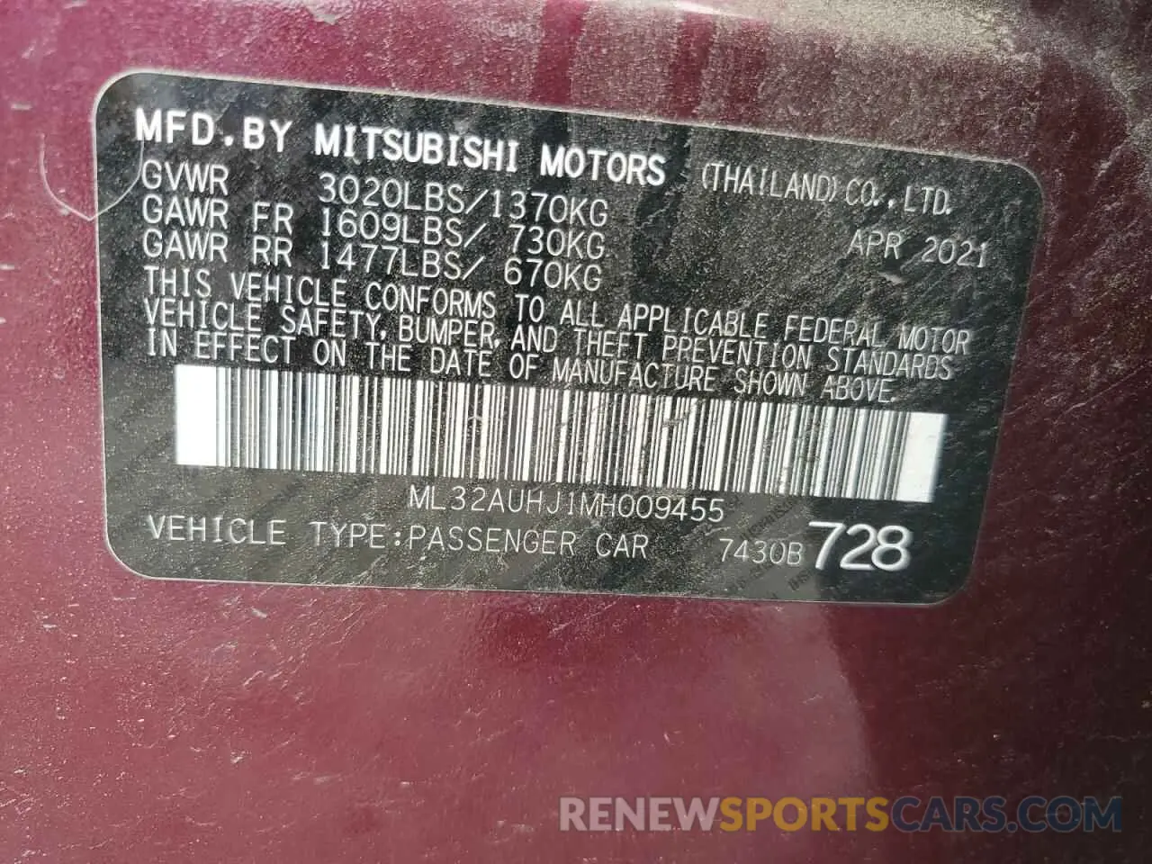 13 Photograph of a damaged car ML32AUHJ1MH009455 MITSUBISHI MIRAGE 2021