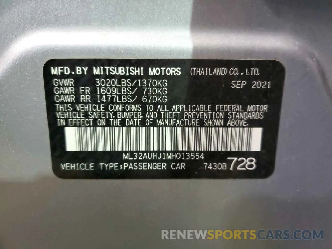 13 Photograph of a damaged car ML32AUHJ1MH013554 MITSUBISHI MIRAGE 2021