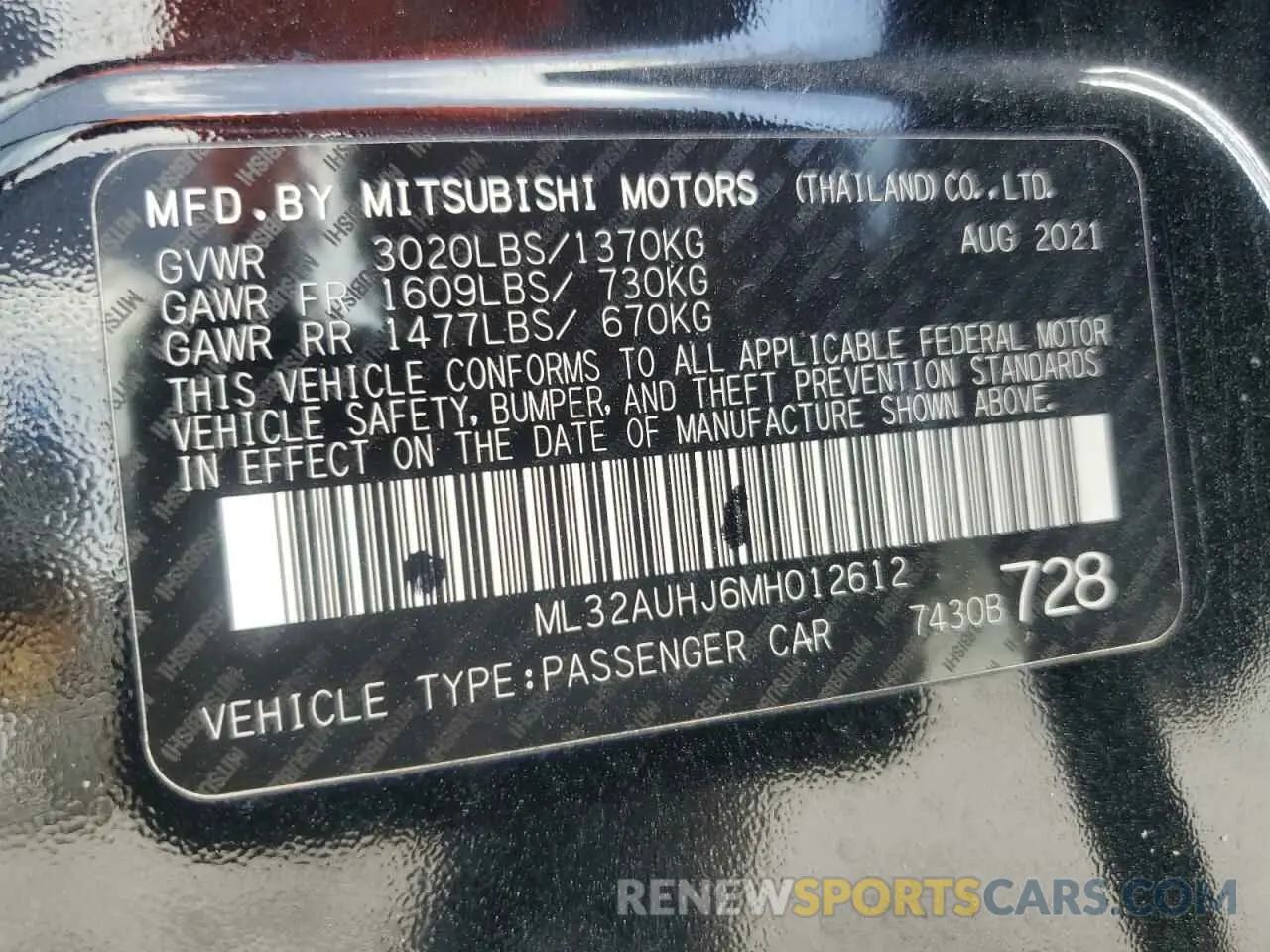 13 Photograph of a damaged car ML32AUHJ6MH012612 MITSUBISHI MIRAGE 2021