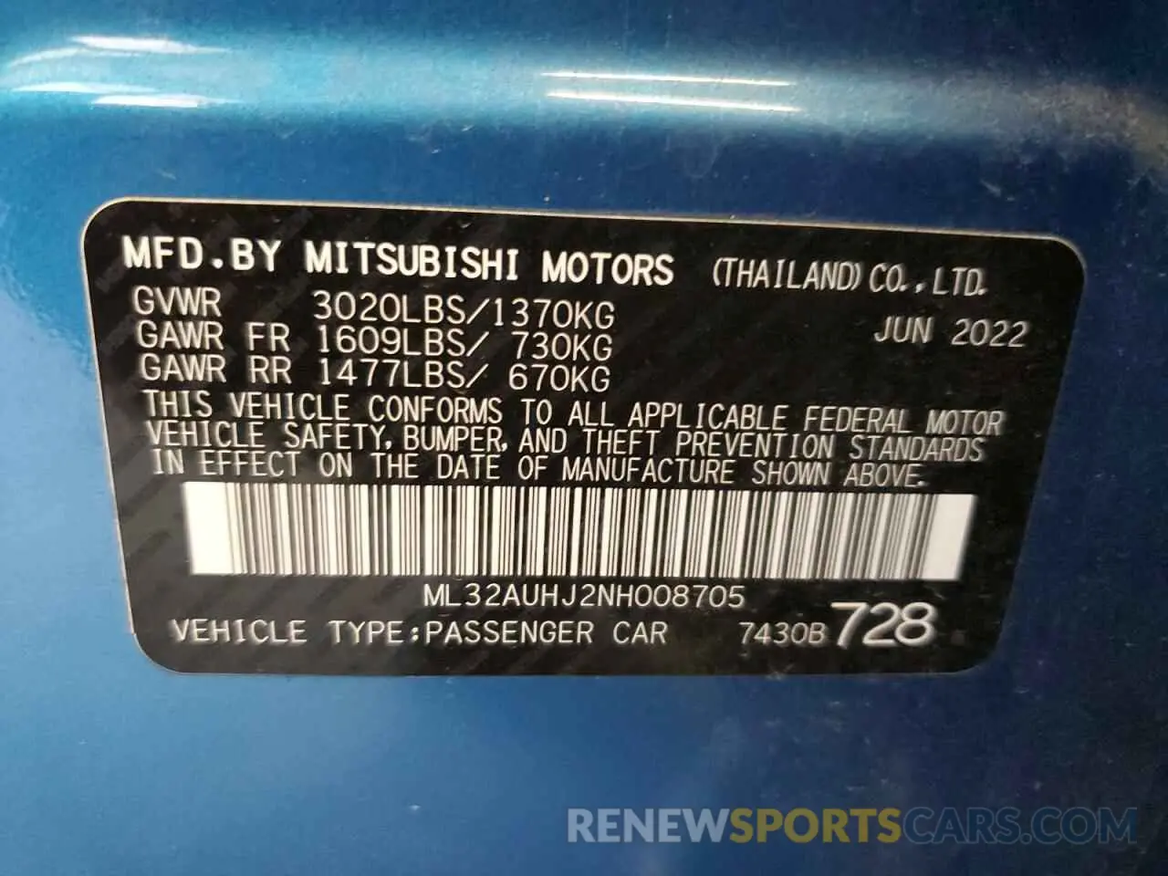 13 Photograph of a damaged car ML32AUHJ2NH008705 MITSUBISHI MIRAGE 2022