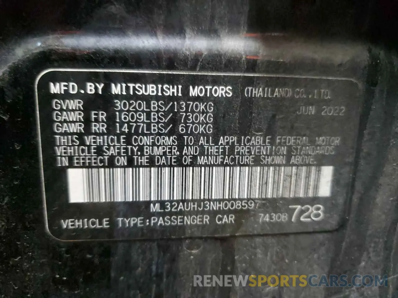 13 Фотография поврежденного автомобиля ML32AUHJ3NH008597 MITSUBISHI MIRAGE 2022