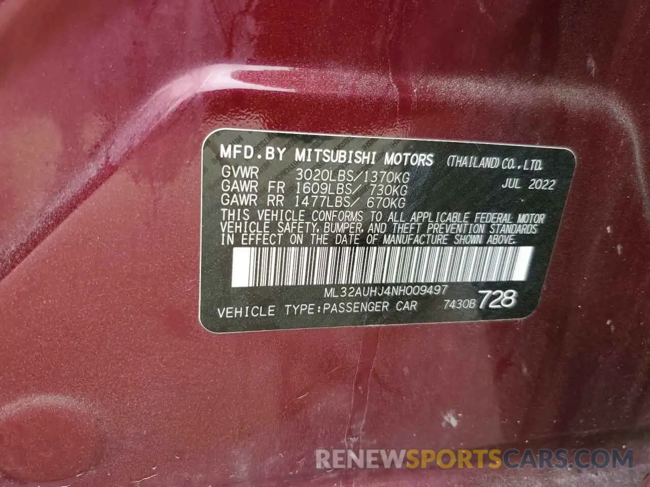 12 Photograph of a damaged car ML32AUHJ4NH009497 MITSUBISHI MIRAGE 2022