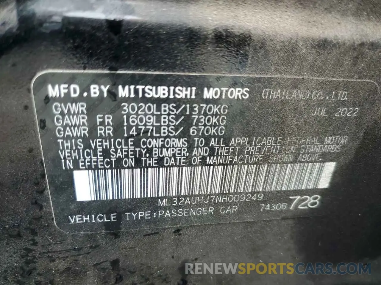 12 Photograph of a damaged car ML32AUHJ7NH009249 MITSUBISHI MIRAGE 2022