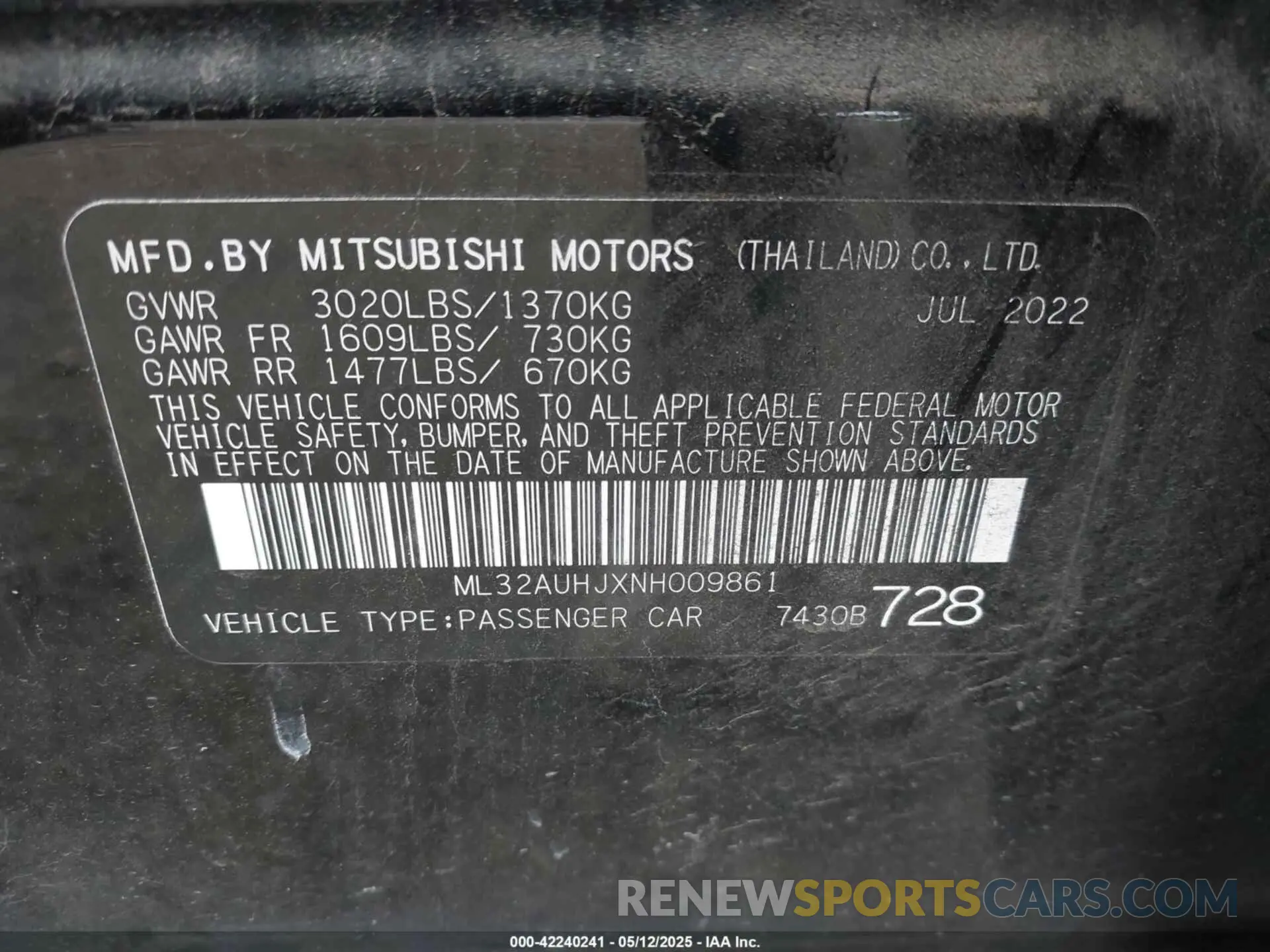 9 Photograph of a damaged car ML32AUHJXNH009861 MITSUBISHI MIRAGE 2022