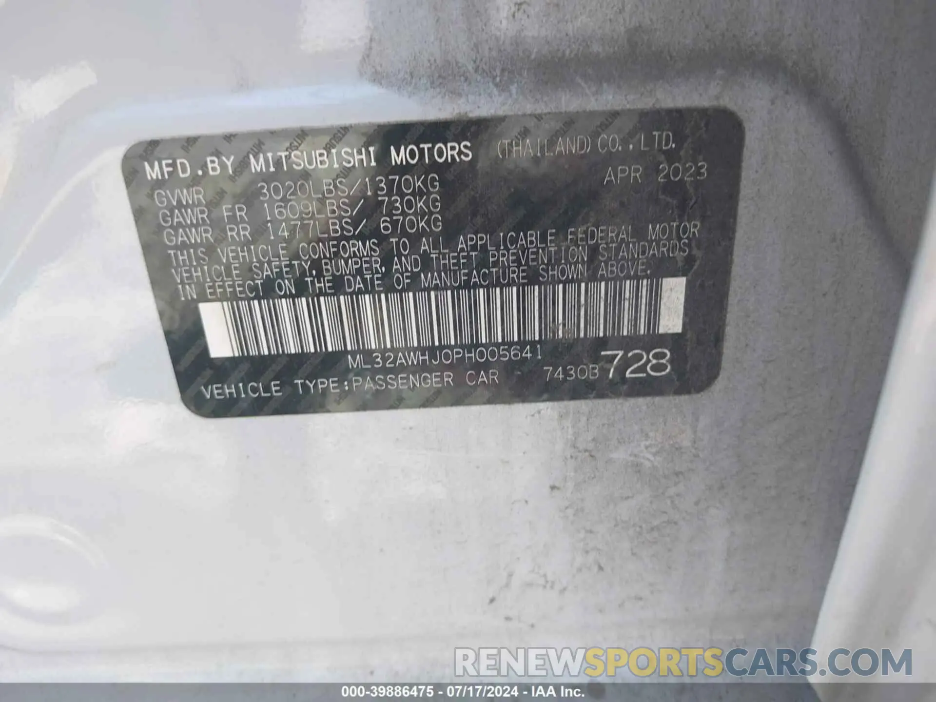 9 Photograph of a damaged car ML32AWHJ0PH005641 MITSUBISHI MIRAGE 2023